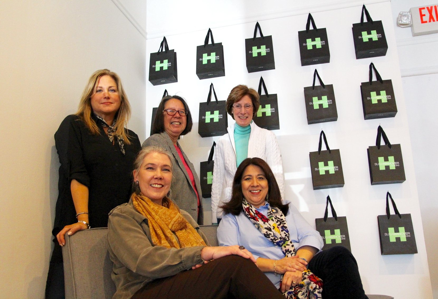 Undies Project board members from rear, left: Kris Faillace, Mamie Lee, Ginnie Cheney, Laura Delaflor and Lucy Langley, at Susan Hanover Designs. Jan 24, 2018. Photo: Leslie Yager