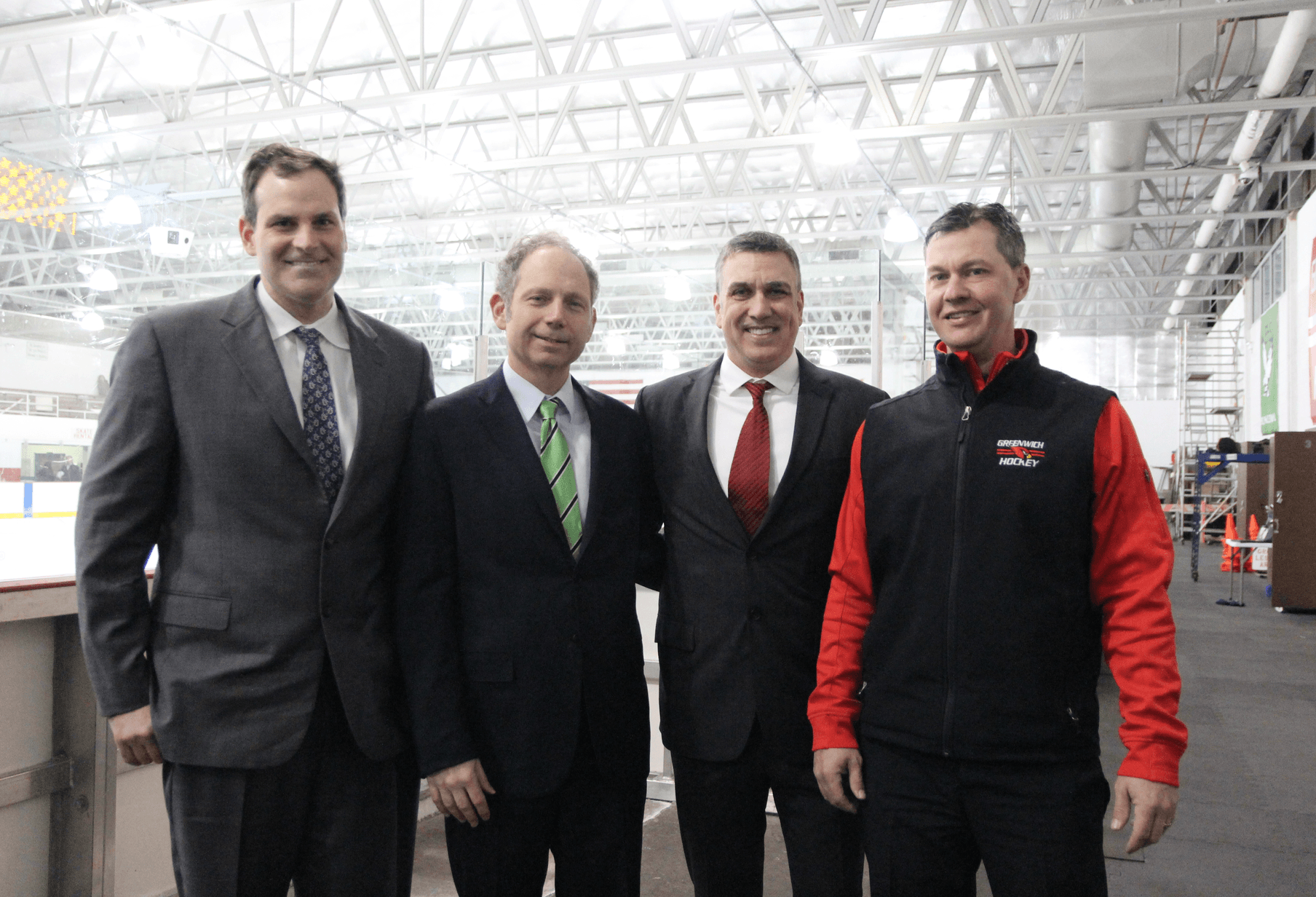 Left to right: Andrew Boer, Rob Burnett, Chris Jones and Coach Chris Rurak at Hamill Rink on Thursday, Feb 1, 2018 Photo: Leslie Yager