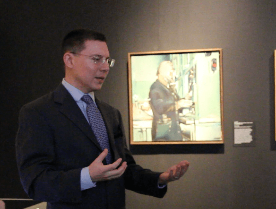 Dr. Daniel Ksepka guided press through "Hot Art in a Cold War," which continues through May 20. 