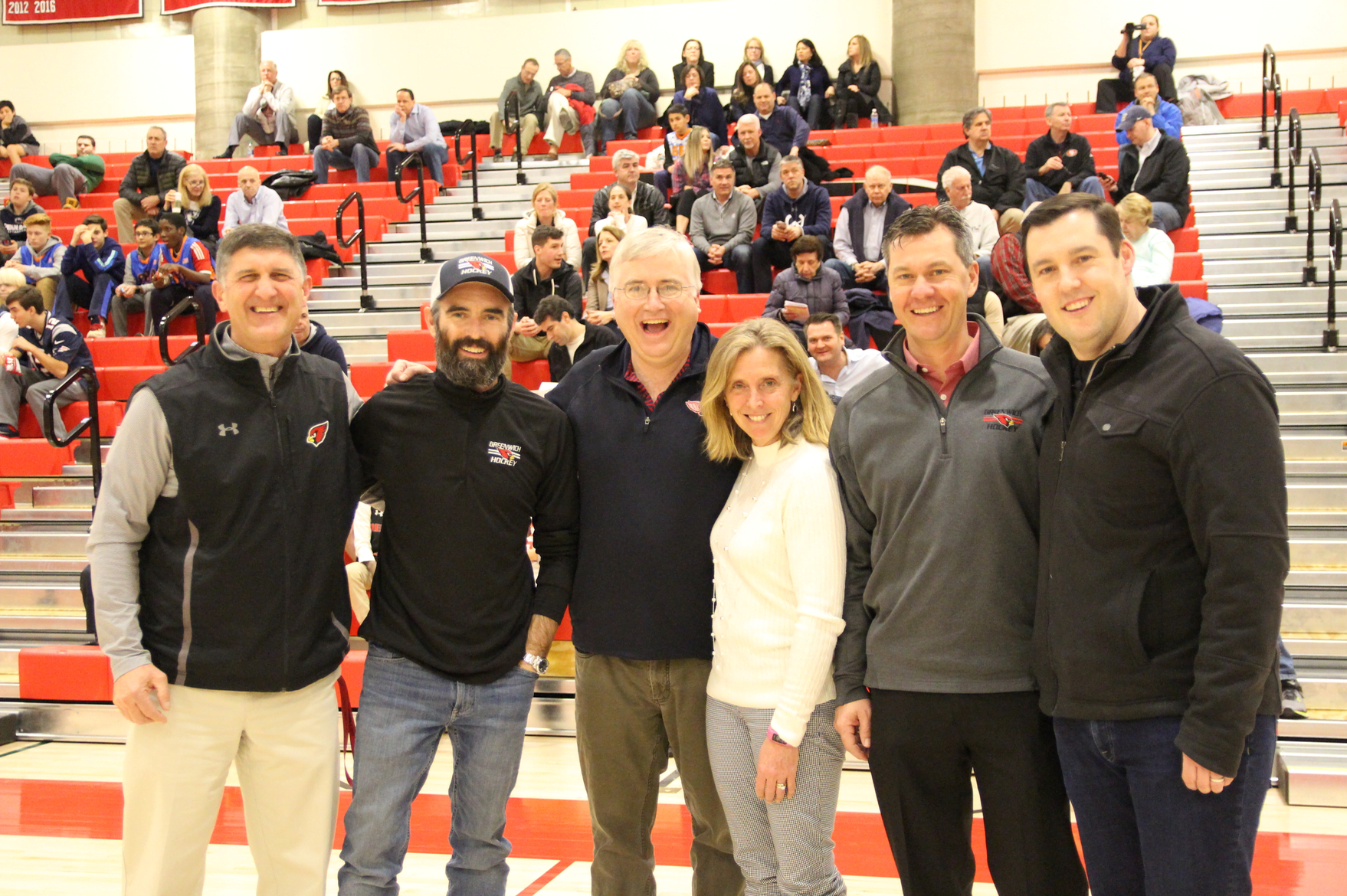At the dedication for the new bleachers at the GHS gymnasium, Athletic Director Gus Lindine, GAF's Lee Milazzo, Richard Fulton, Casey Fulton, and hockey Coach Chris Rurak and Rob Burton. Feb 9, 2018 Photo: Leslie yager