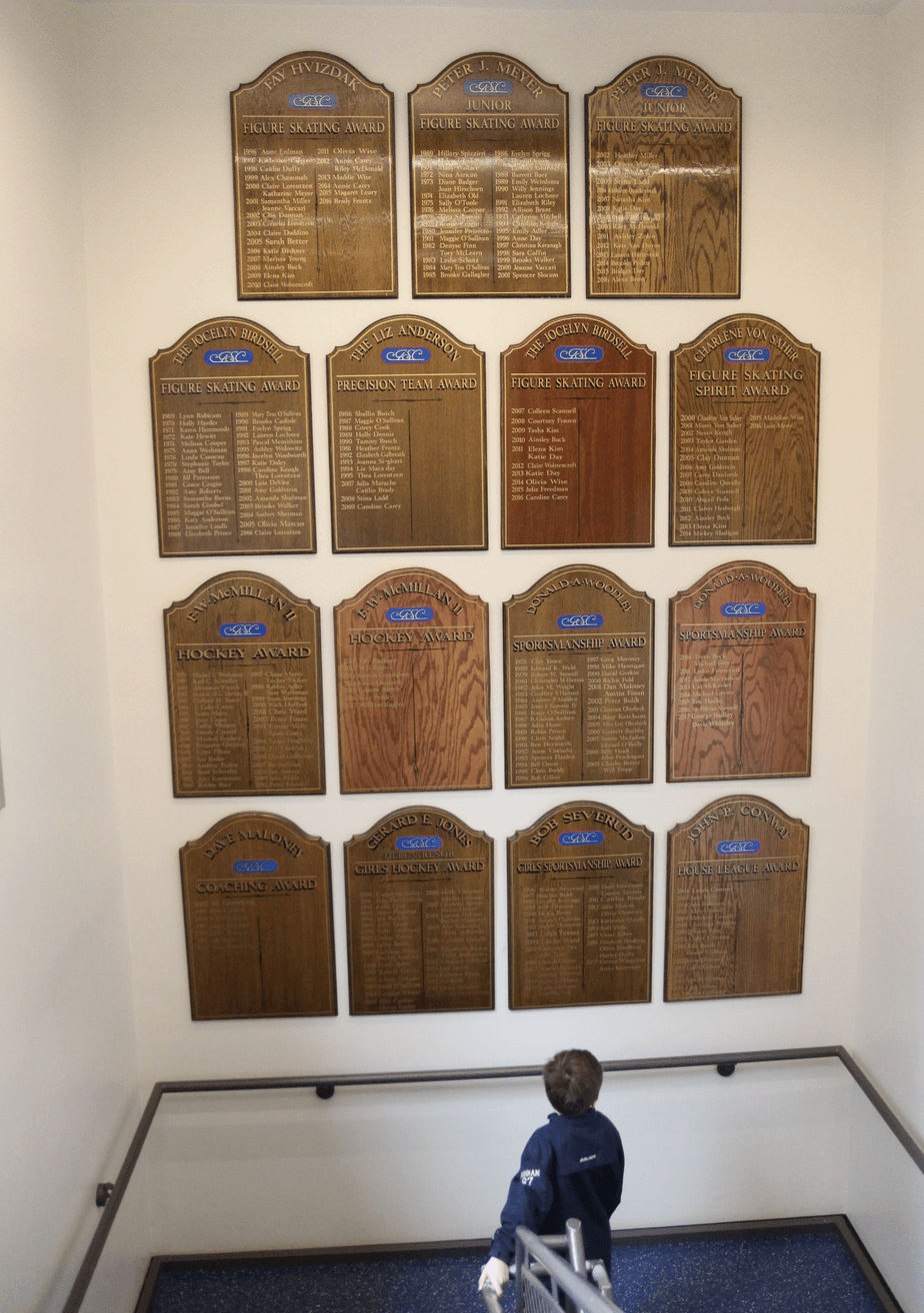 Awards plaques in the stairwell at the Greenwich Skating Club on Feb 24, 2018 Photo: Leslie Yager