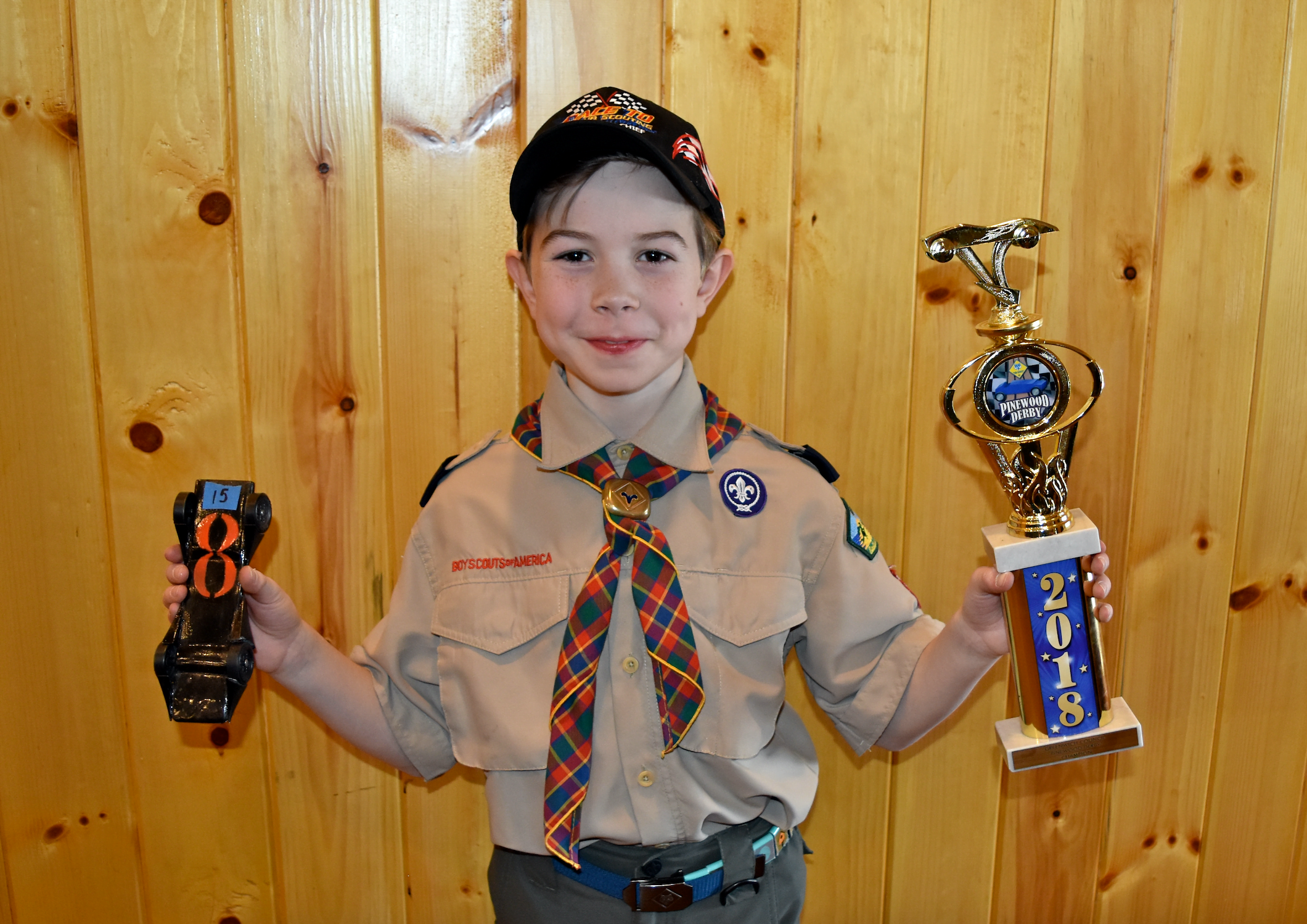 1st Place Winner, Austin Sciulla with his winning car and trophy at the Pinewood Derby Championship at Seton Scout Reservation in Greenwich. Photo Credit: Ray Garrison