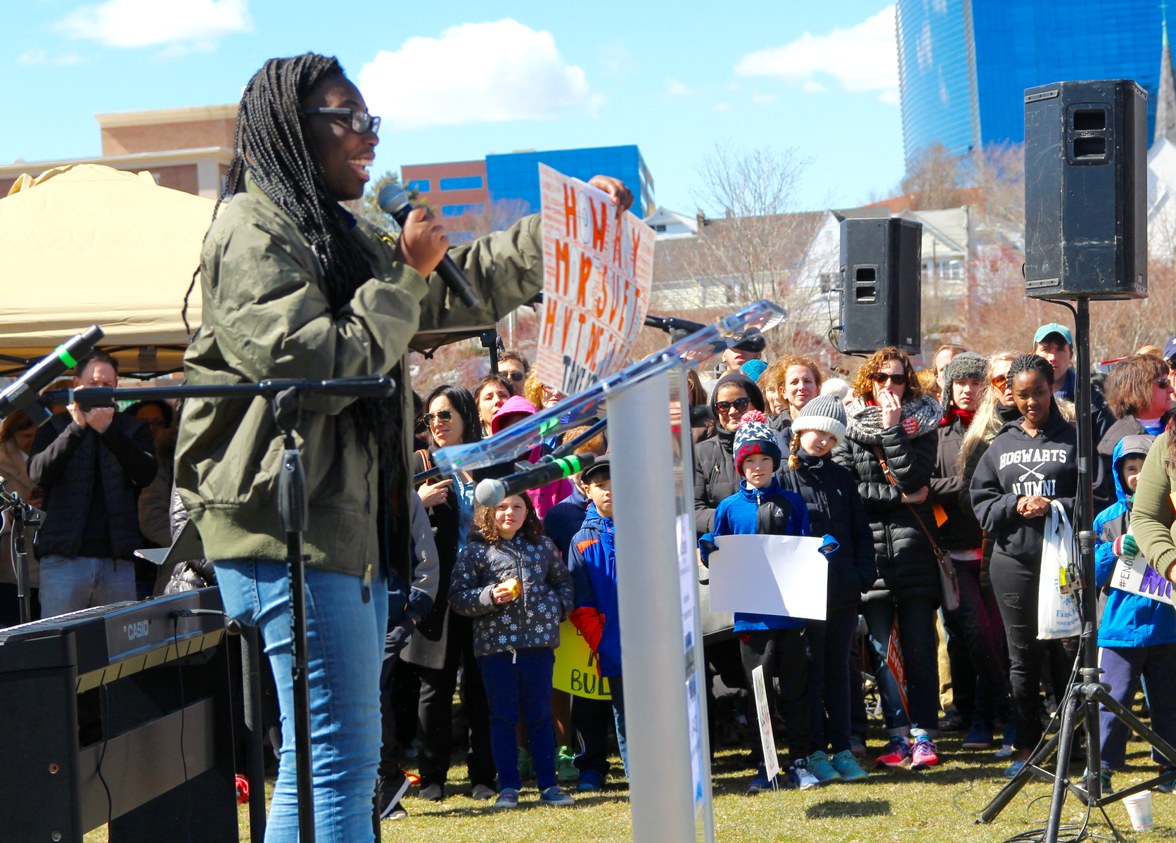 Brianna Jean, a Stamford High School senior addressed hundreds gathered in Mill River Park in Stamford on March 24, 2018 Photo: Leslie Yager