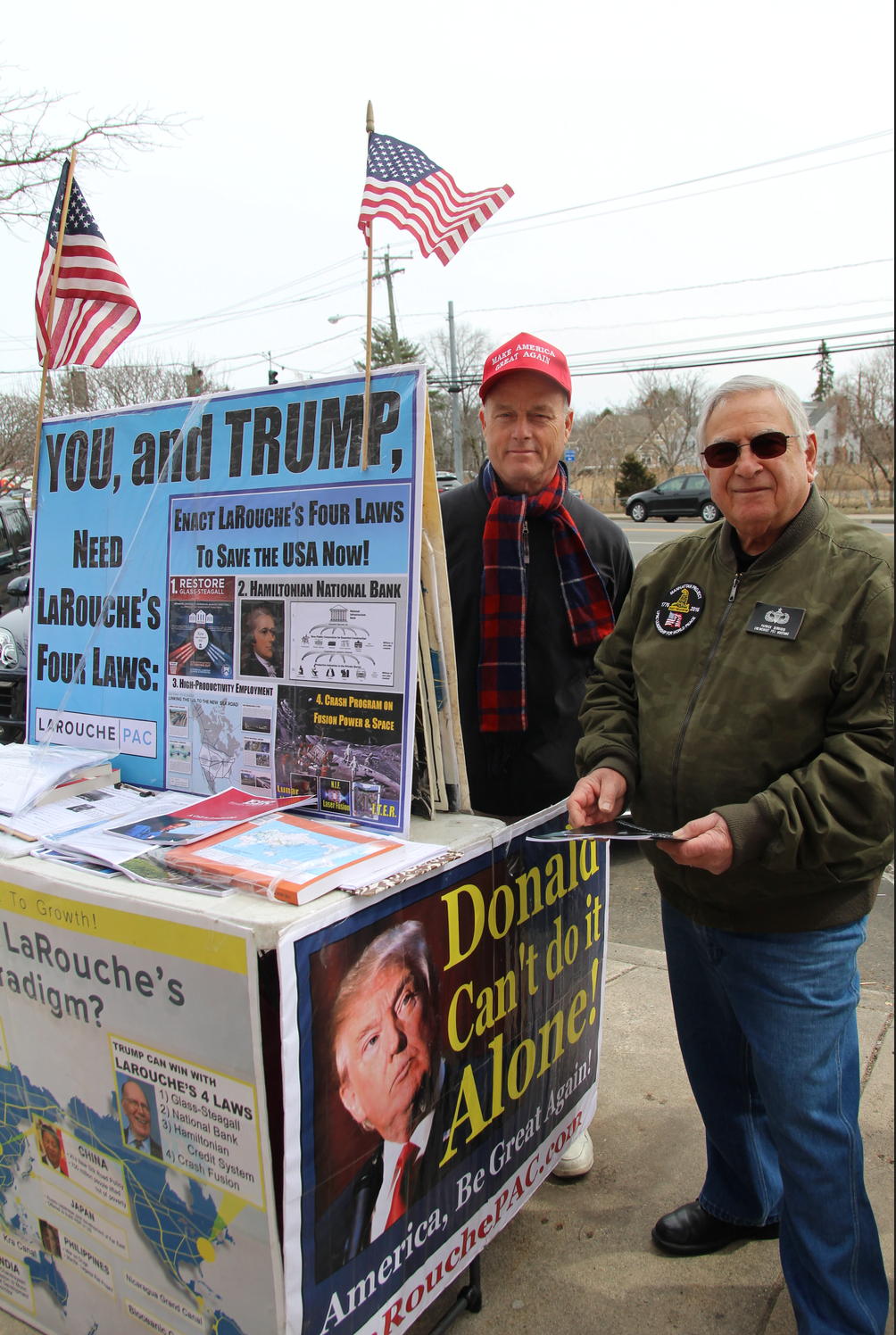 Donald Clark and Pat Servidio stationed outside the US Post Office in Cos Cob on Tuesday, March 27, 2018 Photo: Leslie Yager