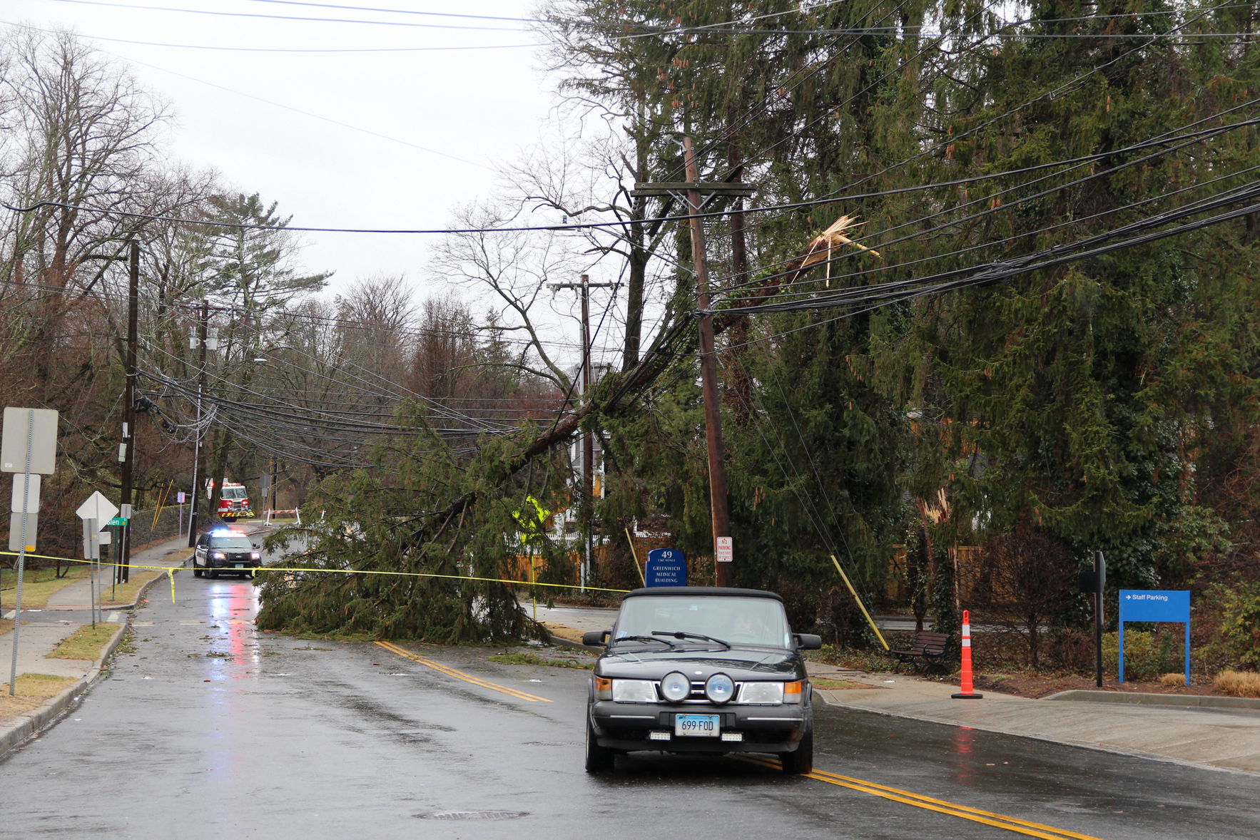 Downed tree forces cars to turn around by Greenwich Hospital and Lake Ave 3:30pm. Photo Leslie Yager