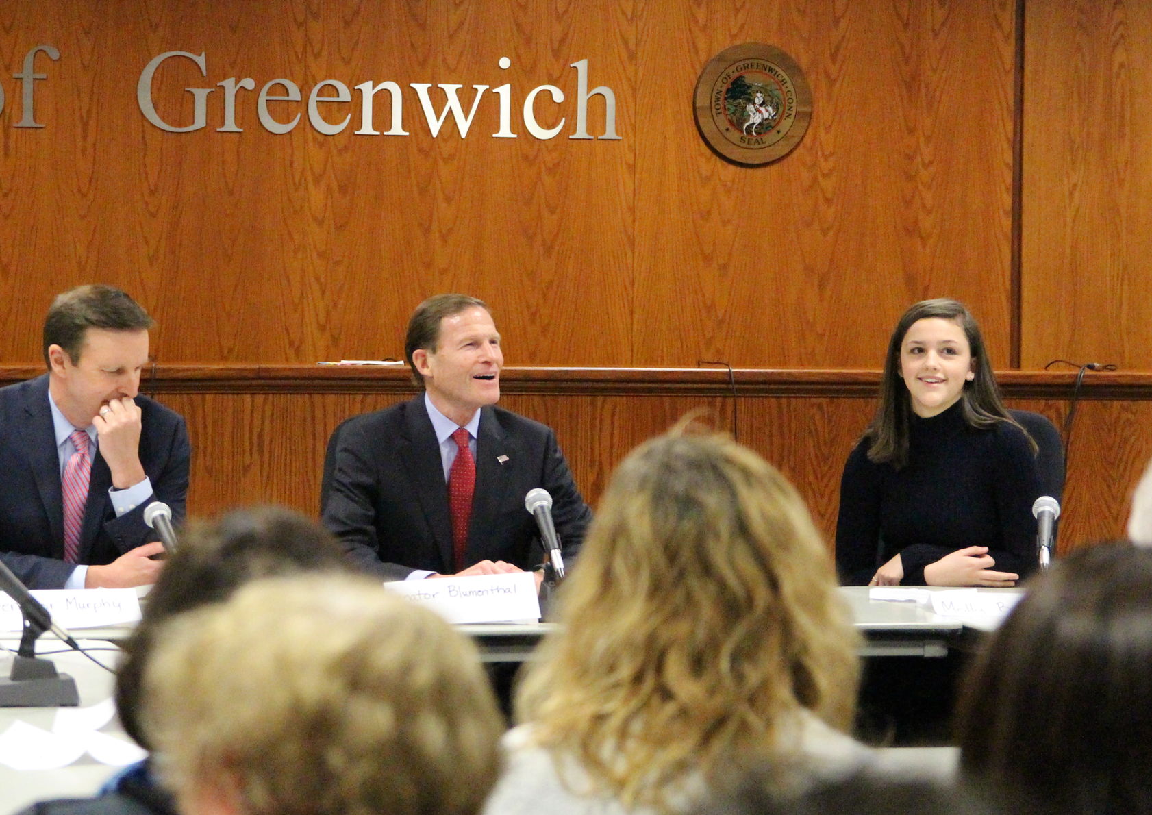 Senators Chris Murphy and Richard Blumenthal, Molly Baker from Fairfield Ludlowe. March 2, 2018 Photo: Leslie Yager