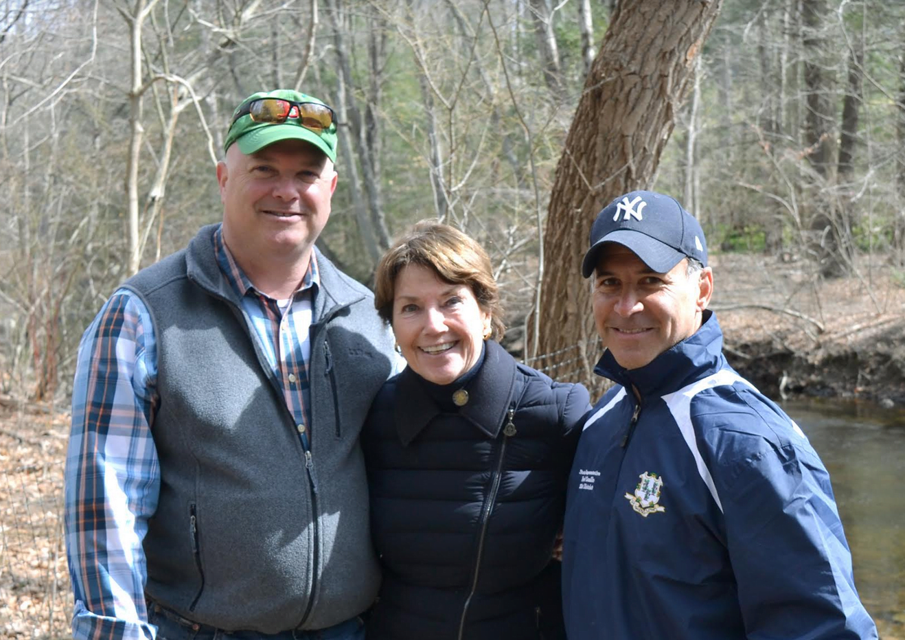 State Representatives Livvy Floren (R-149), Mike Bocchino (R-150) and Fred Camillo (R-151) joined the Department of Energy and Environmental Protection to stock the Mianus River with Brook and Rainbow Trout on April 9, 2018.