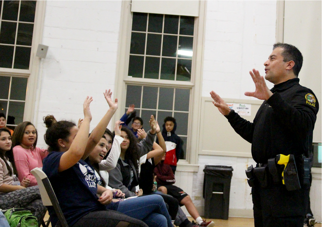 GHS School Resource Officer Carlos Franco visited the Greenwich Boys & Girls Club in January. Photo: Leslie Yager