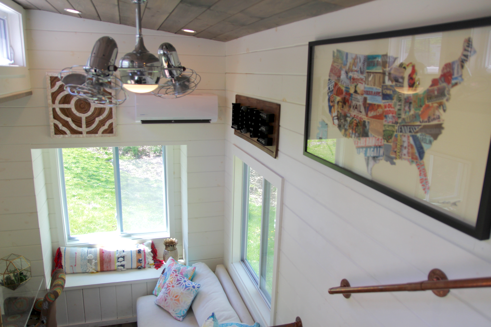 View from loft to living area inside Ken and Tori Pond's tiny house on wheels in Greenwich. May 9, 2018 Photo: Leslie Yager