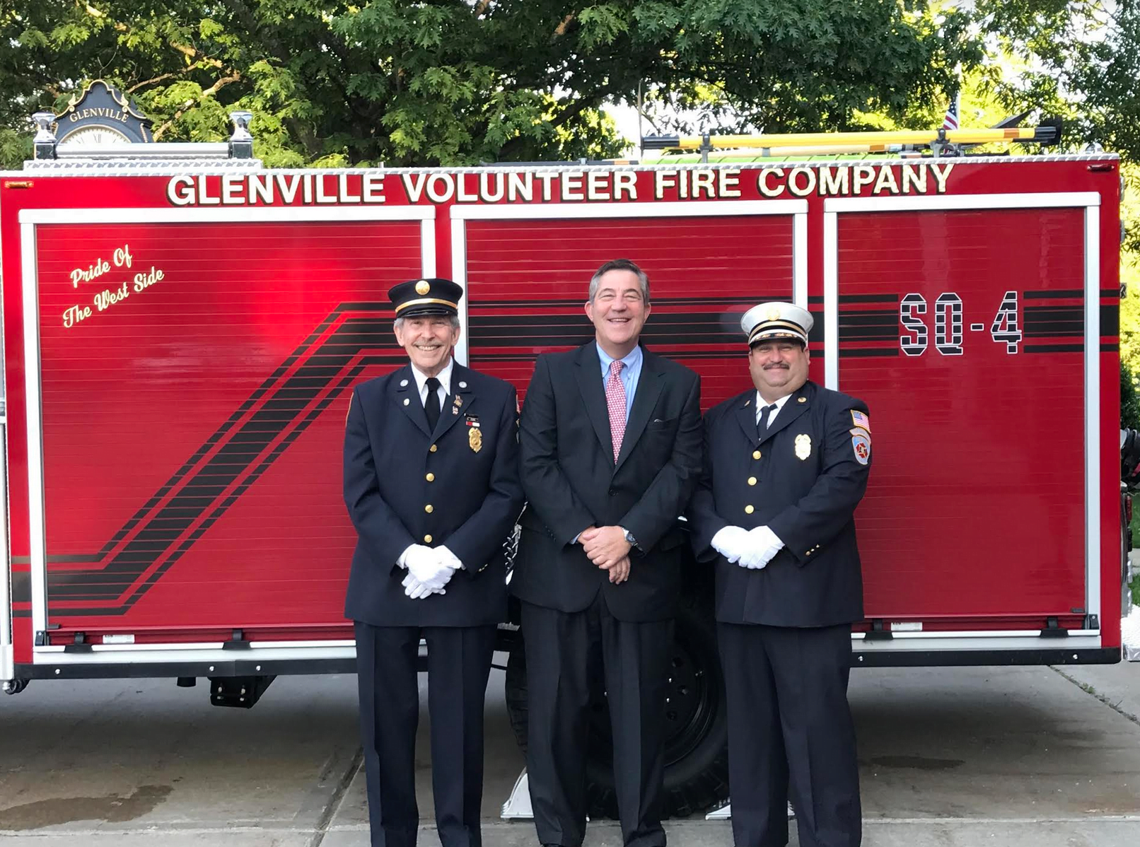 The Glenville Volunteer Fire Company will honor Greenwich civic leader and philanthropist Ed Dadakis at its annual fundraising event on Thursday, October 4, 2018, at Tamarack Country Club. (Left to Right) GVFC President, Sanford Cohen, honoree, Edward Dadakis and GVFC Chief, Michael Hoha.