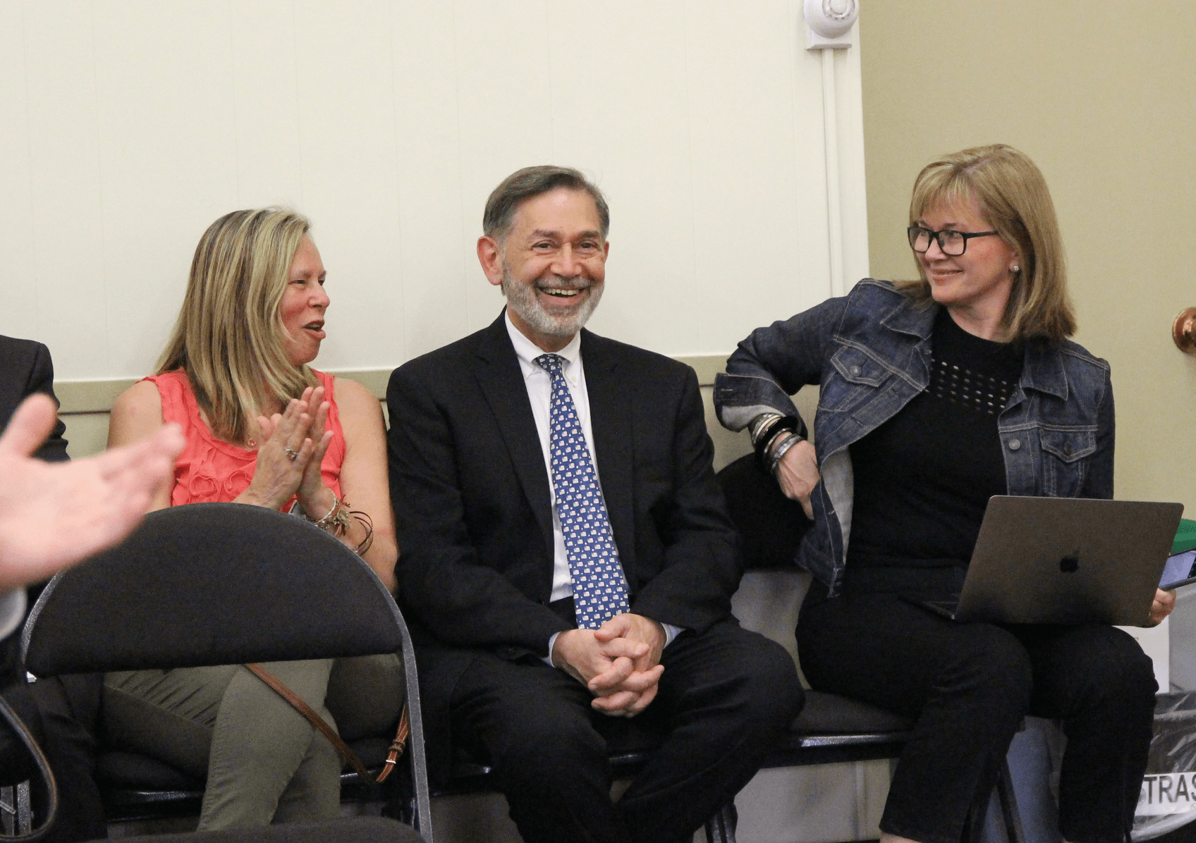 Ralph Mayo smiles after the Board of Education voted unanimously to appoint him interim Superintendent of Greenwich Public Schools on June 21, 2018 Photo: Leslie Yager