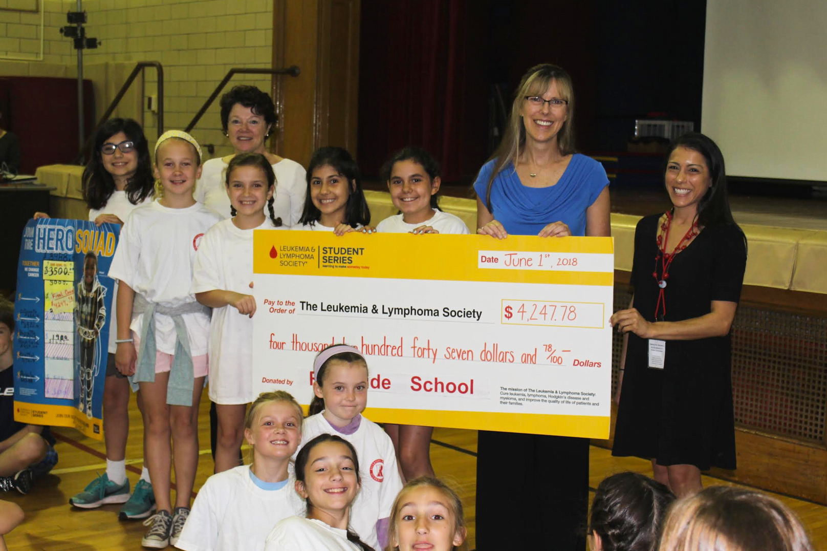 Pictured in the Pennies for Patients photo are (left to right) Mary Anstey and Stephanie Rizzi, Riverside School teachers (supporting the school's Student Council), presenting a check to Carol Ann McOwen from the Leukemia & Lymphoma Society, Connecticut, Westchester, Hudson Valley Chapter.