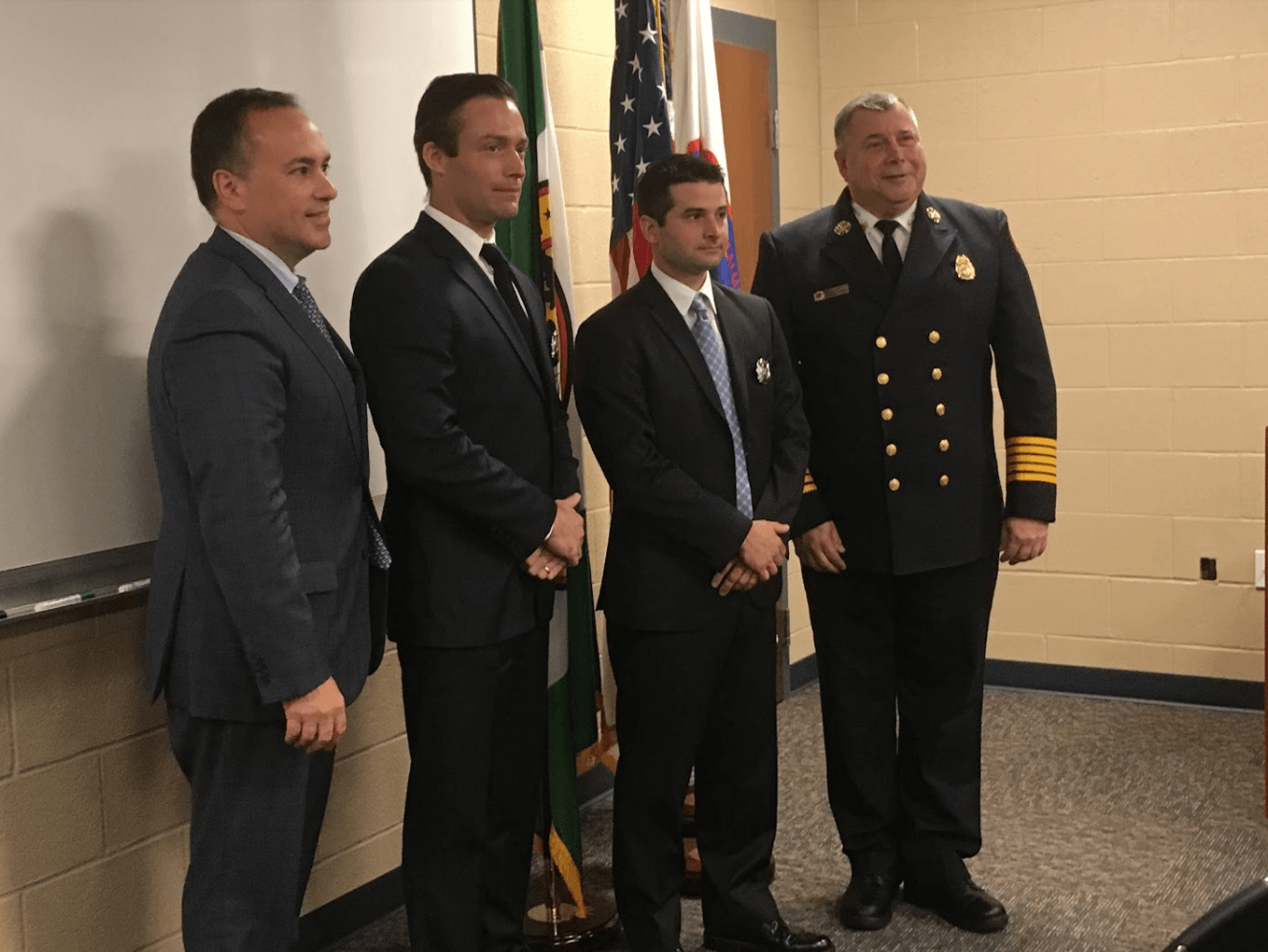 From left to right First selectman Peter Tesei, New inductees Adam Corwin and Frank O’connor, and Fire Chief Peter Siecienski
