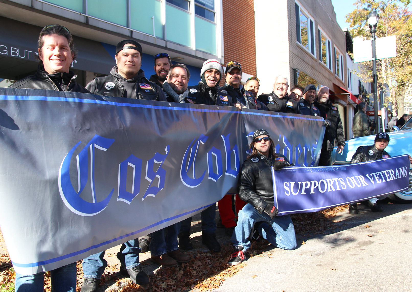 Members of the Cos Cob Riders a motorcycle club that includes several veterans at the patriotic walk on Greenwich Avenue, Veterans Day, Nov 11, 2018 Photo: Leslie Yager