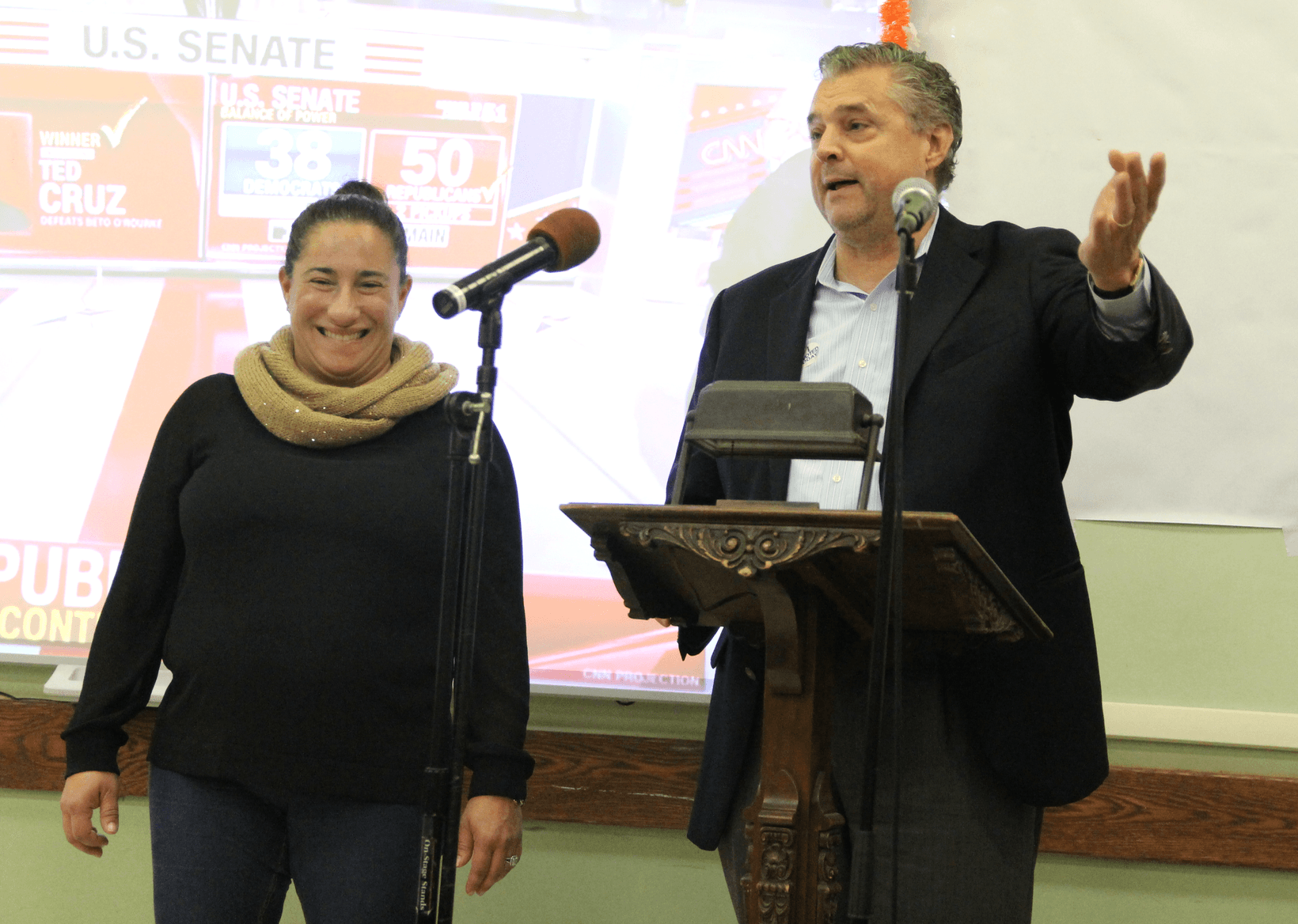 Tony Turner, head of the DTC, congratulates Laura Kostin on a hard fought campaign against Fred Camillo. Nov 6, 2018 Photo: Leslie Yager