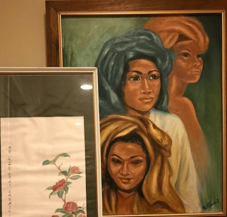 Oil painting of three Singaporean women Pat observed in a local market. Tea Rose picture is a Chinese Brush Painting - painted on rice paper and backed on silk.