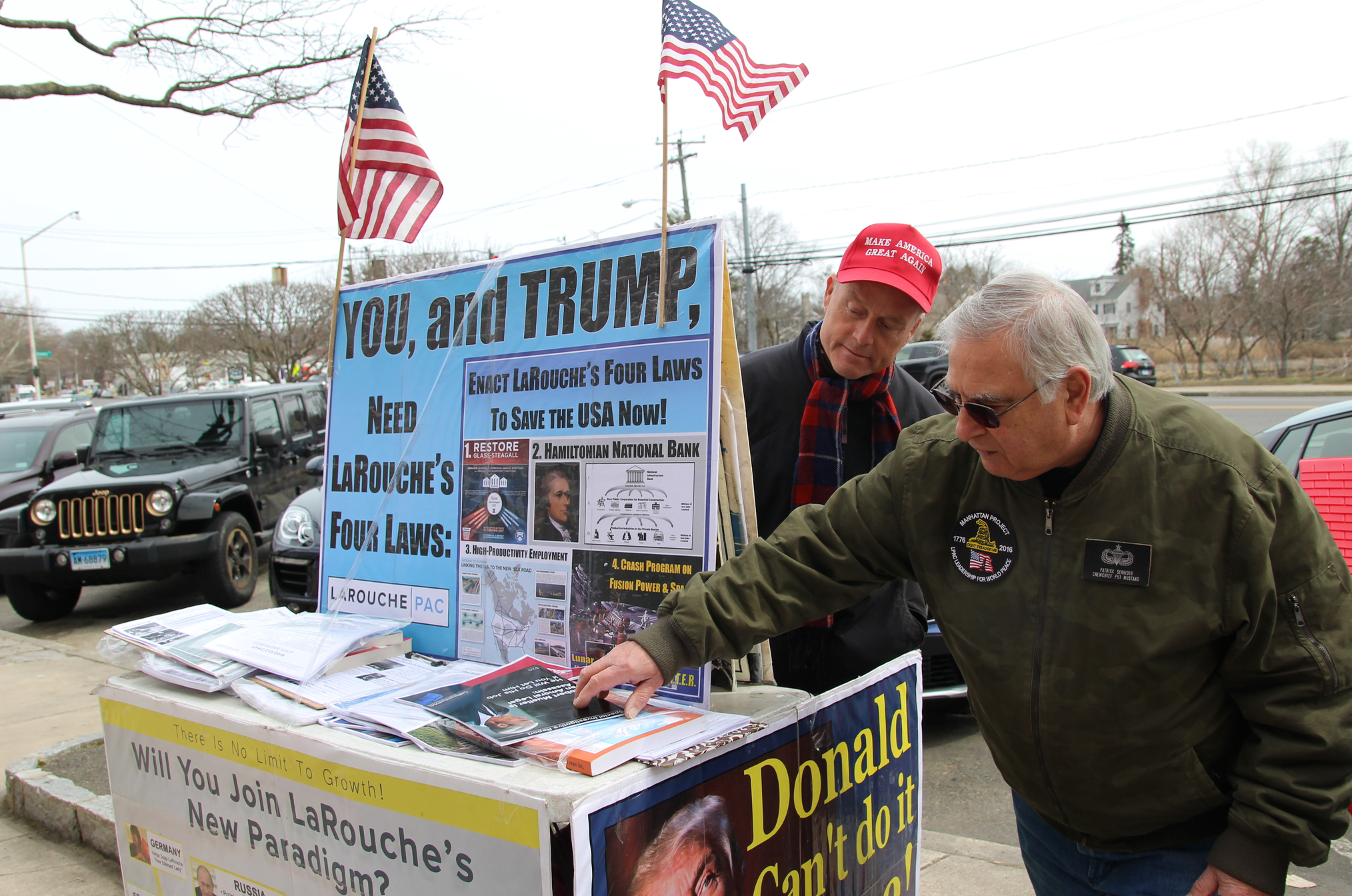 Donald Clark and Pat Servidio stationed outside the US Post Office in Cos Cob on Tuesday, March 27, 2018 Photo: Leslie Yager