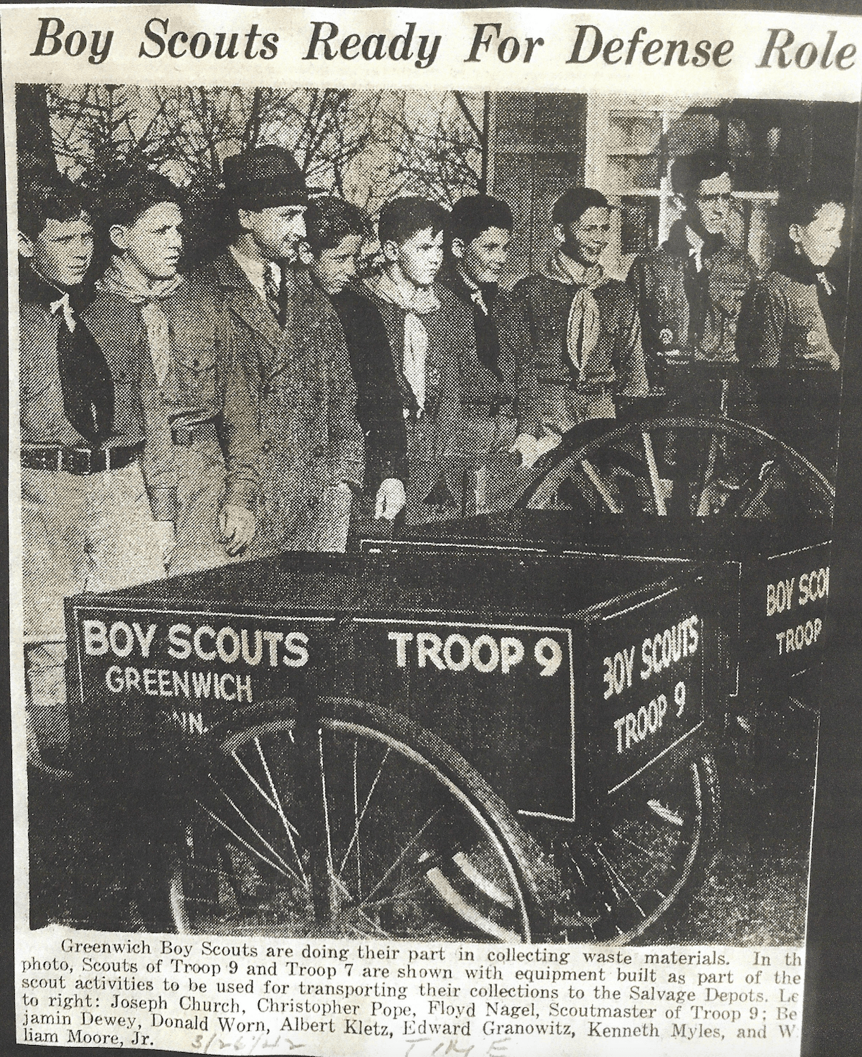 Another photo from the archives is a photo of Troop 9 scouts standing with their wood-constructed wagons with the headline, “Boy Scouts Ready for Defense Role.”