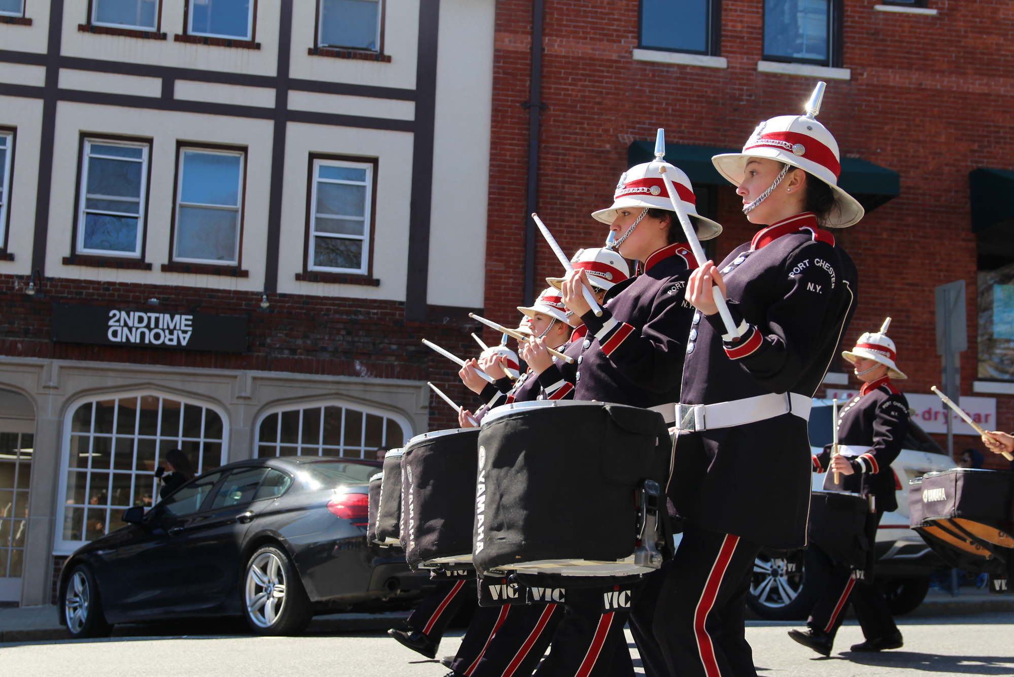 Port Chester High School marching band at the 44th annual Greenwich St. Patrick’s Parade sponsored by the Greenwich Hibernian Association, Sunday, March 18. Photo: Leslie Yager