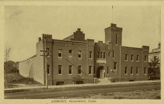 Undated postcard of the Armory on Mason Street. Image courtesy of the Greenwich Historical Society.
