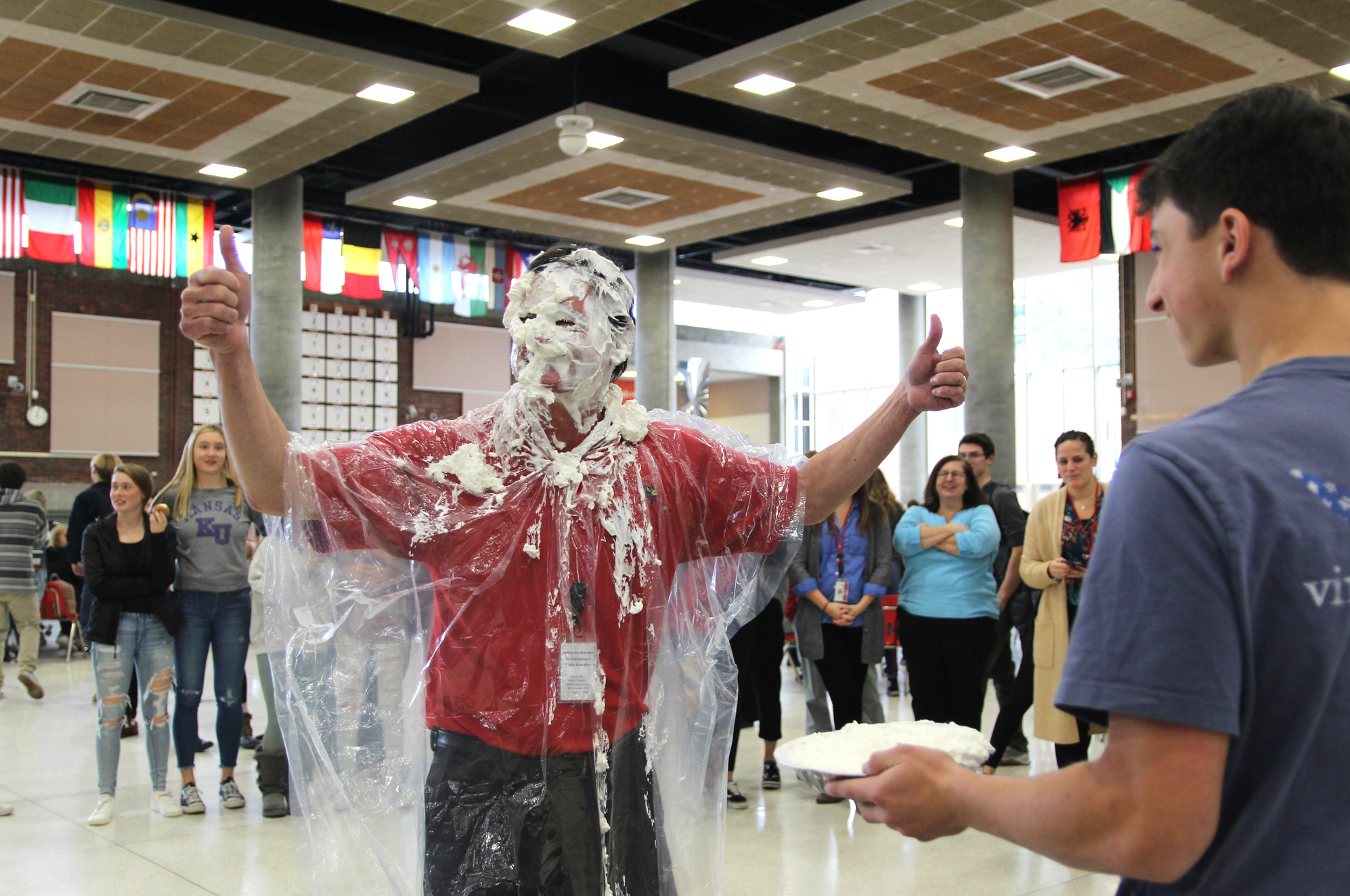 On Wednesday interim headmaster Rick Piotrzkowski got pied by students to honor the winning houses in the annual Thanksgiving penny wars and food drive at Greenwich High School. Nov 21, 2018 Photo: Leslie Yager