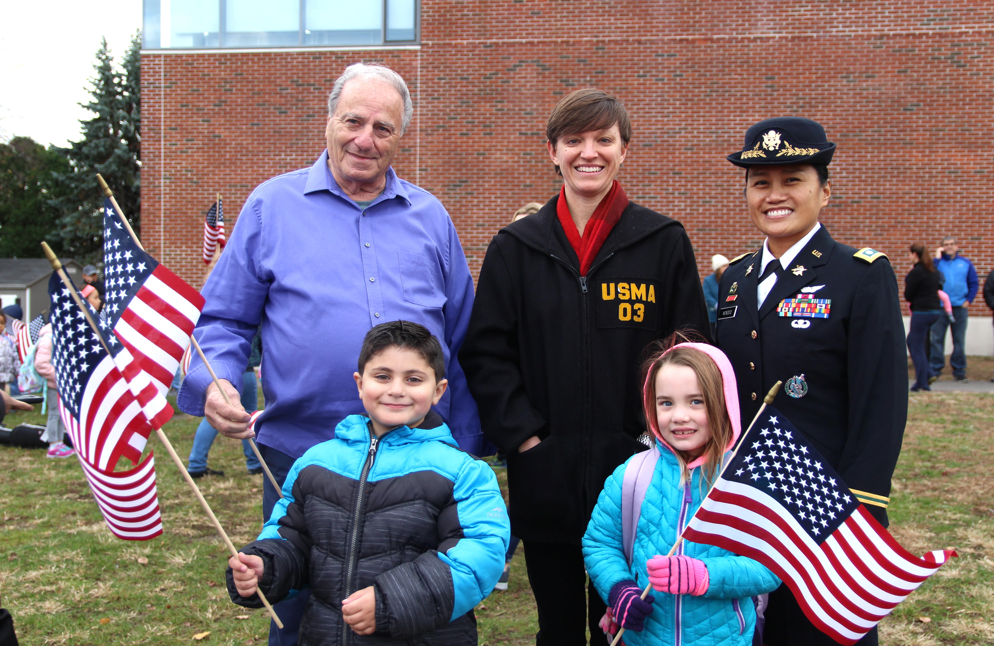 Salvatore Servello, who served in the Air Force 1957-1961, Sarah Haag-Fisk a 2nd Lieutenant in the US Army and LtCol Jennifer Mondido at Hamilton Avenue School on Nov 9, 2018 Photo: Leslie Yager