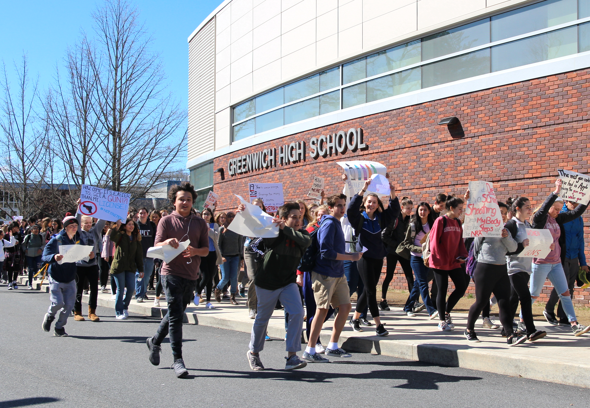 Students organized a walk out to protest gun violence on April 20, 2018 at Greenwich High School. Photo: Leslie Yager