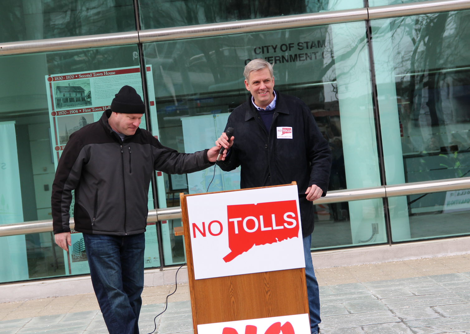 Bob Stefanowski spoke out against tolls at the rally at Stamford Government Center on Feb 23, 2019 Photo: Leslie Yager
