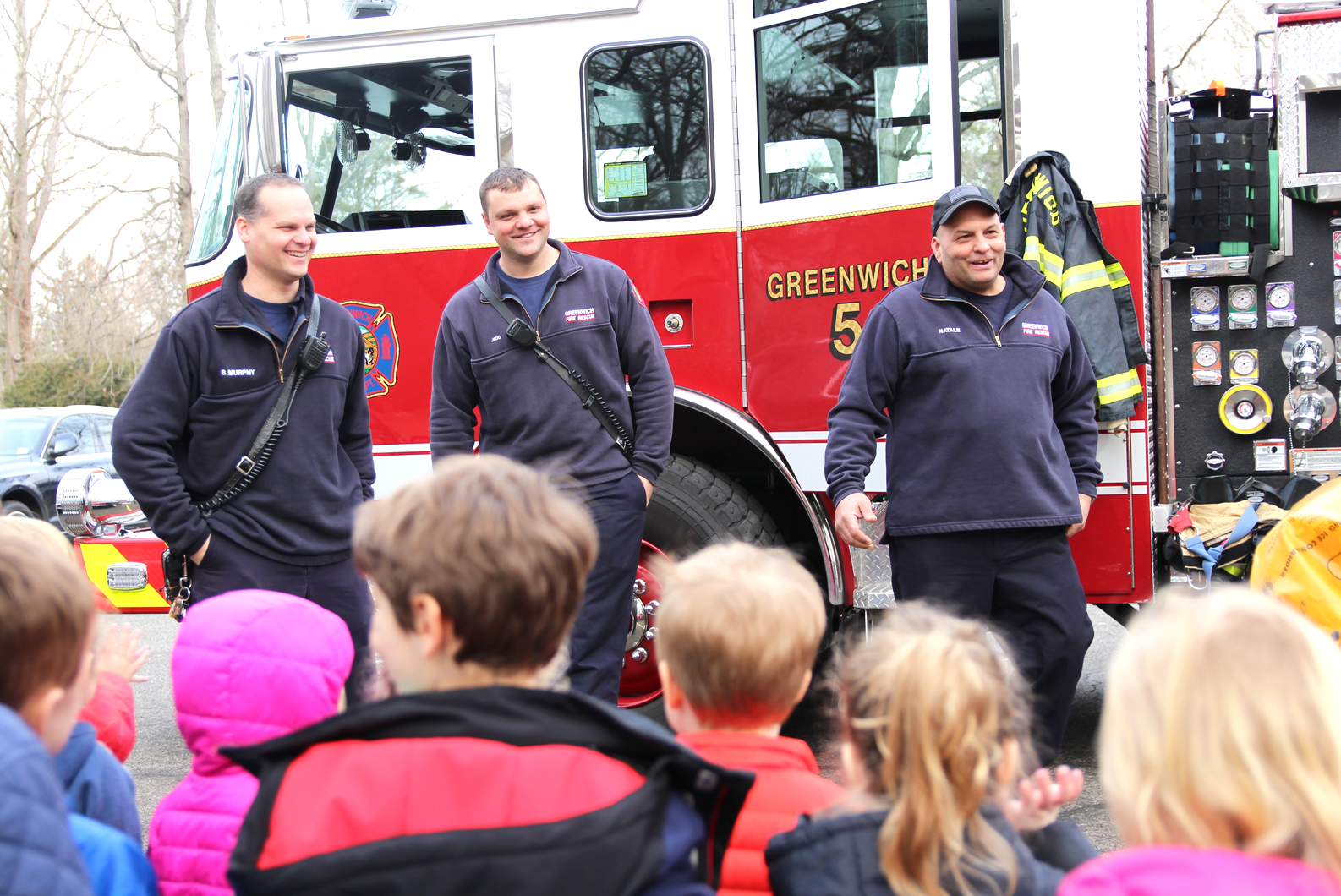 Greenwich Fire Dept's Sean Murphy, "Big Mike" Jedd and Lt Dan Natale. Photo: Leslie Yager