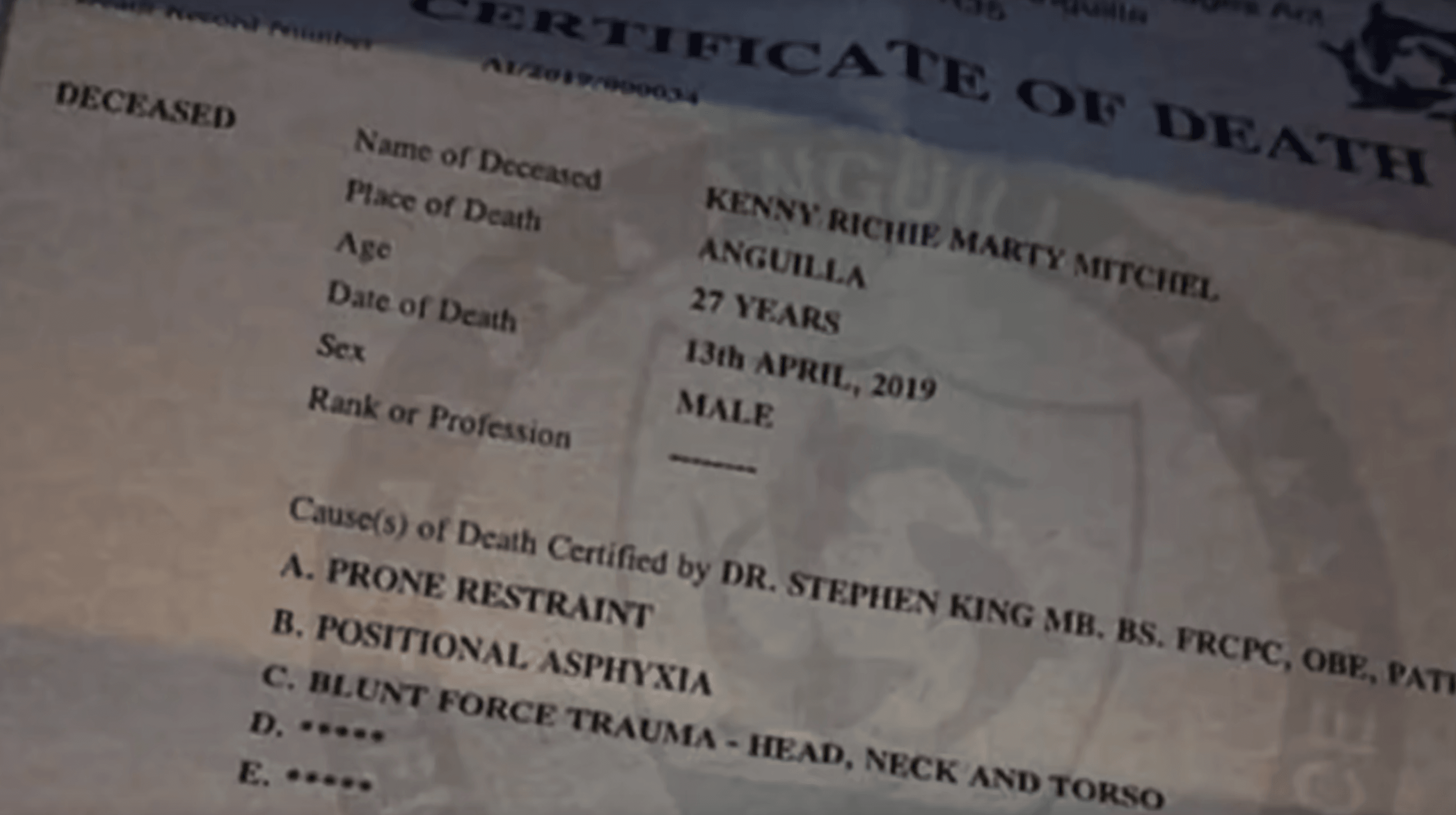 Kenny Richie Marty Mitchel Death Certificate, Anguilla