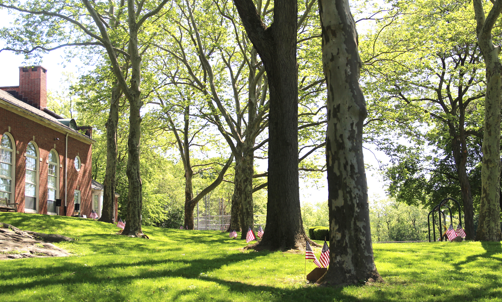 On the grounds of the former Byram School are 13 markers by 13 trees, each dedicated to a service person who list his life for this country. May 27, 2019 Photo: Leslie Yager