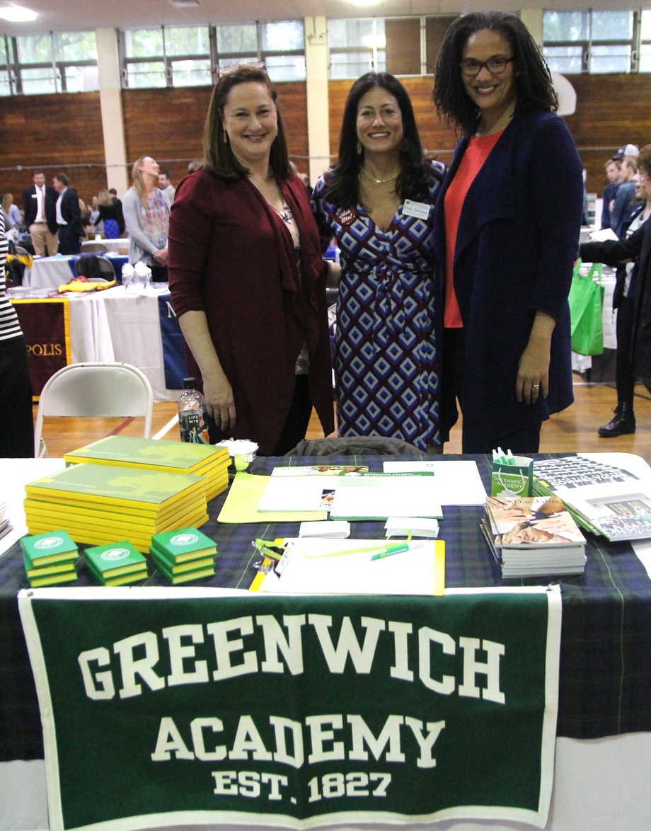 At the 10th Annual Private Day & Boarding School Fair: Victoria Newman, founder of Greenwich Education Group (center) with Assistant Director of Admission for Greenwich Academy, Betsy Feiner (left) and Director of Admission and Financial Aid Nina Hanlon (right). May 14, 2019 Photo: Leslie Yager