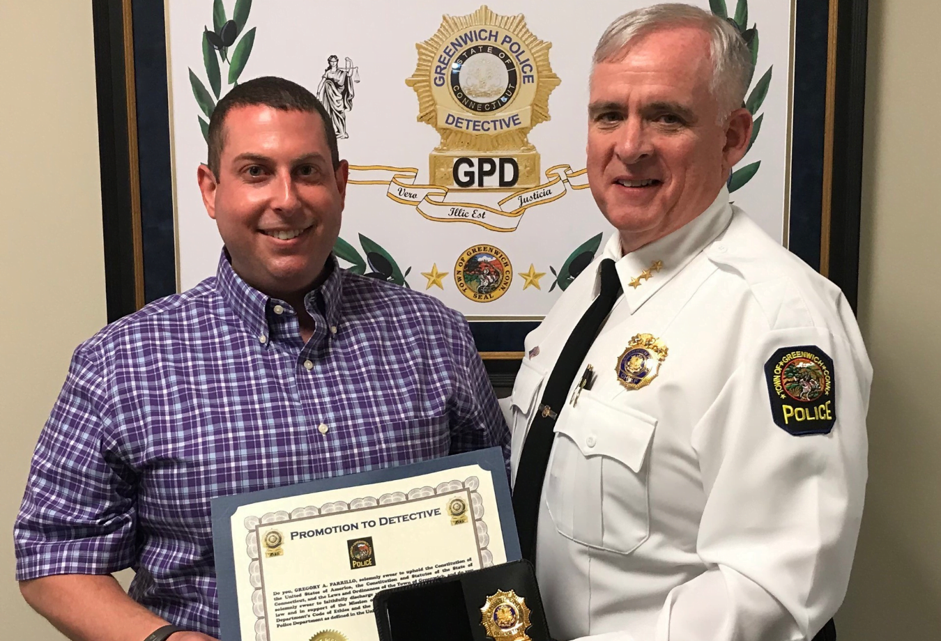 Newly promoted Detective Gregory Parrillo with Chief James Heavey. Photo courtesy Greenwich Police