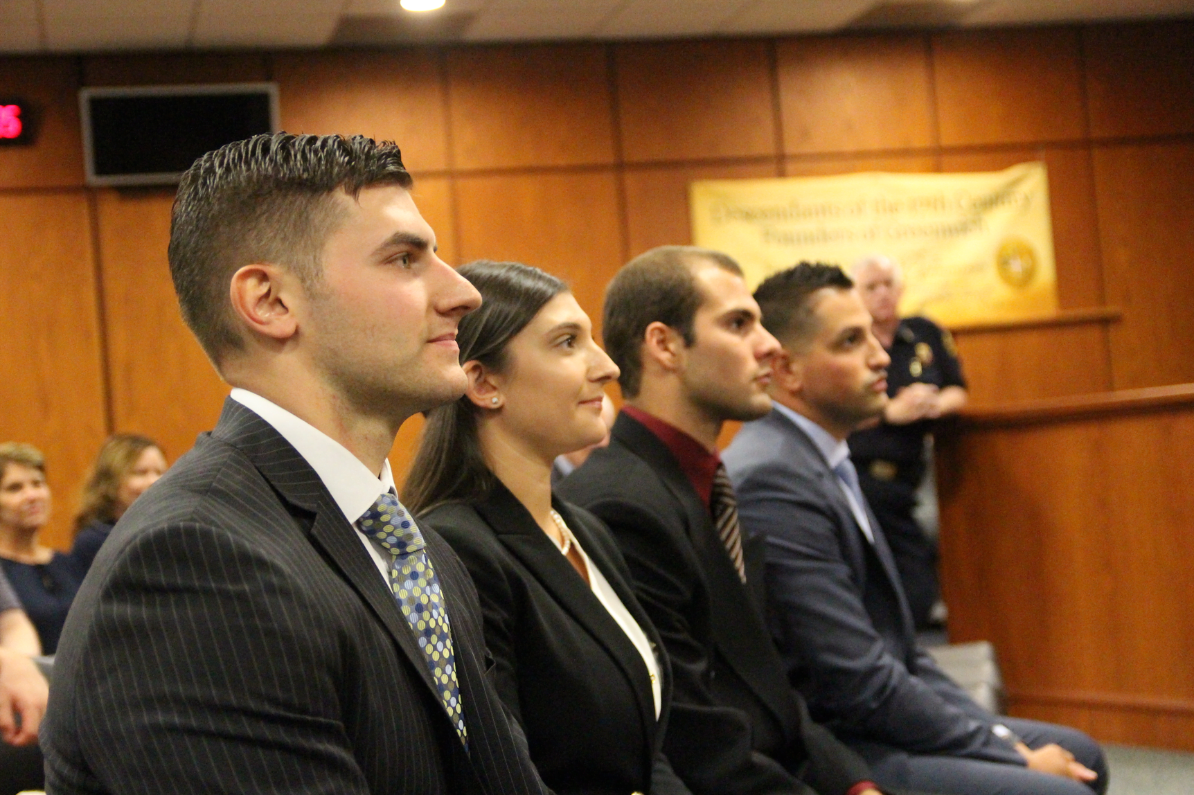 Newly sworn in Greenwich Policle Dept officers Michael Bellairs II, Brooke Lombardo, Nicholas Sarno, and Salvatore Tramontano. July 25, 2019 Photo: Leslie Yager