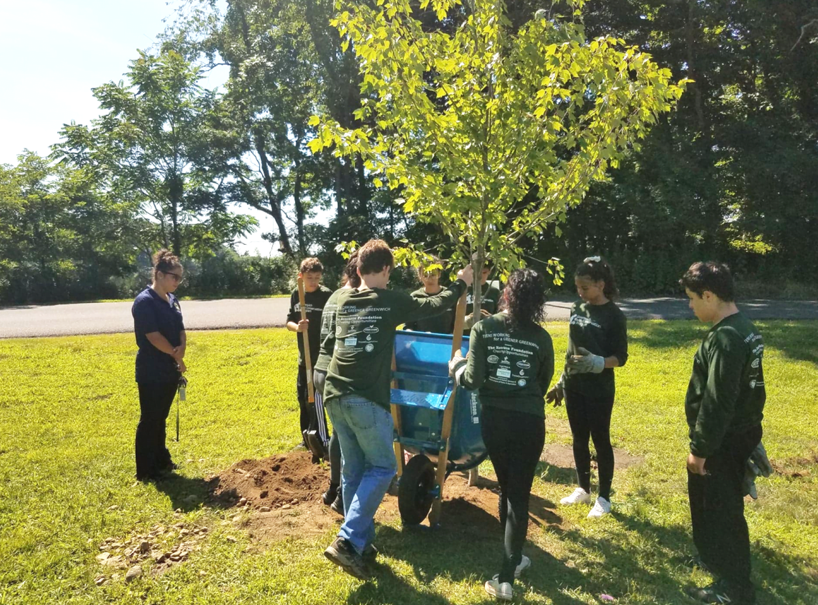Greenwich Youth Conservation Program (GYCP) Members adding soil to a planted tree. Photo: Anne Marie Kristoff