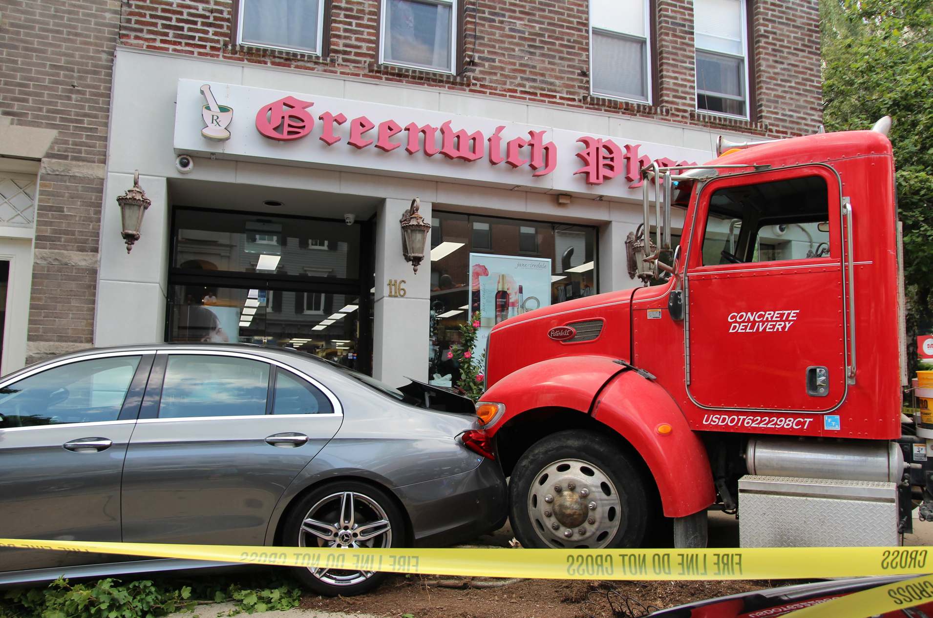 A cement truck hit two cars on Greenwich Avenue. Aug 8, 2019 Photo: Leslie Yager