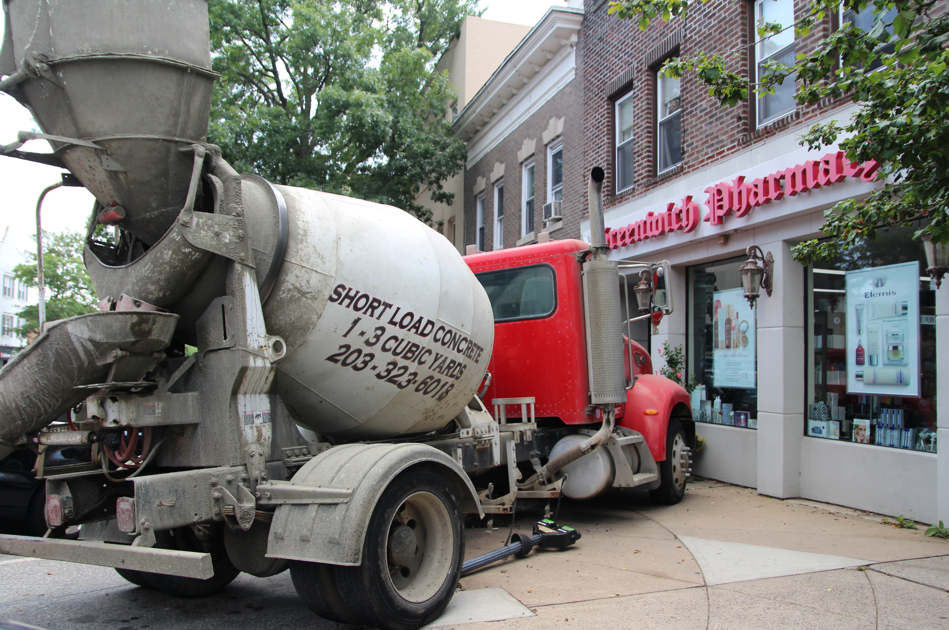 A cement truck hit two cars on Greenwich Avenue. Aug 8, 2019 Photo: Leslie Yager