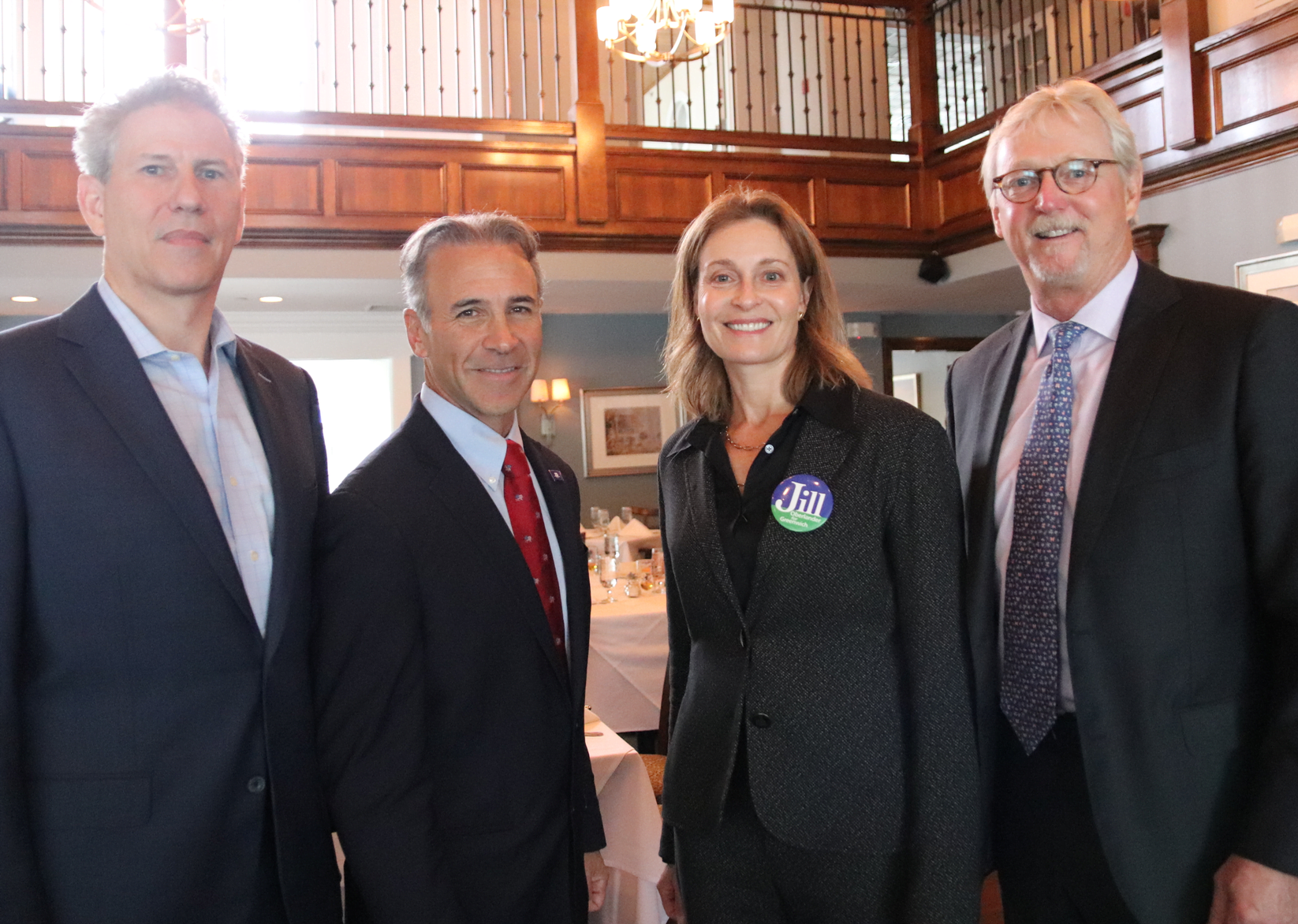 Matt Barnum, Fred Camillo, Jill Oberlander and Peter Carlson at the Greenwich Water Club's forum for First Selectman Candidates. Oct 17, 2019 Photo: Leslie Yager