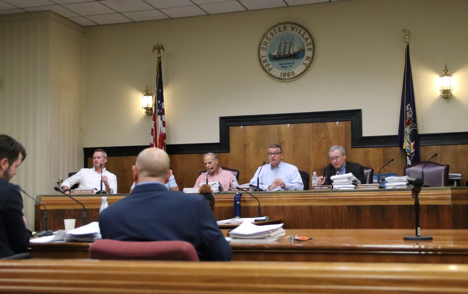 The Port Chester Planning Commission includes Joseph Montesano, Michael Scarola, Christopher Summa, Peter Coperine and Anthony Baxter. Sept 30, 2019. Photo: Leslie Yager