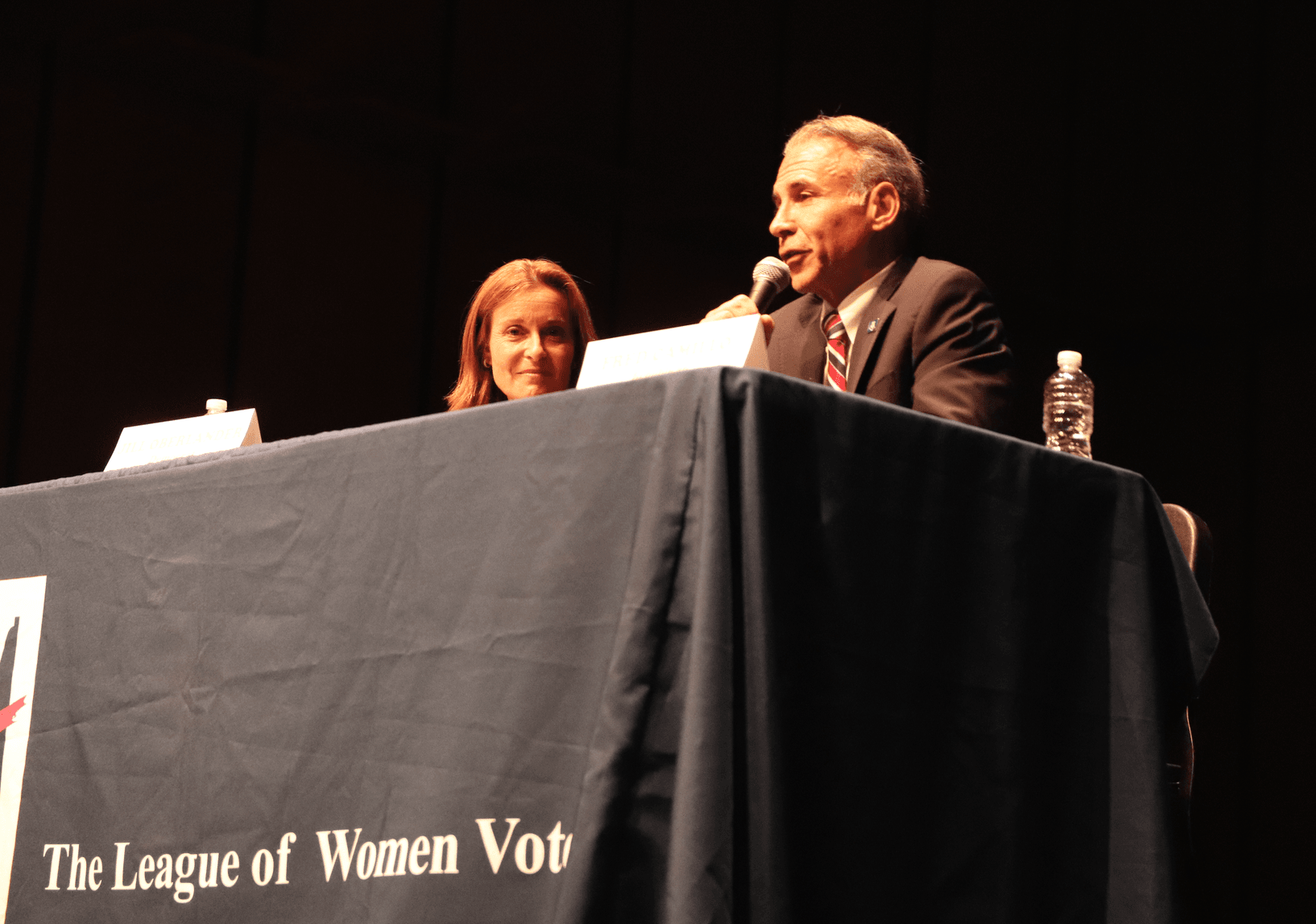 Jill Oberlander and Fred Camillo candidates for First Selectmen at the Greenwich Performing Arts Center. Oct 10, 2019 Photo: Leslie Yager