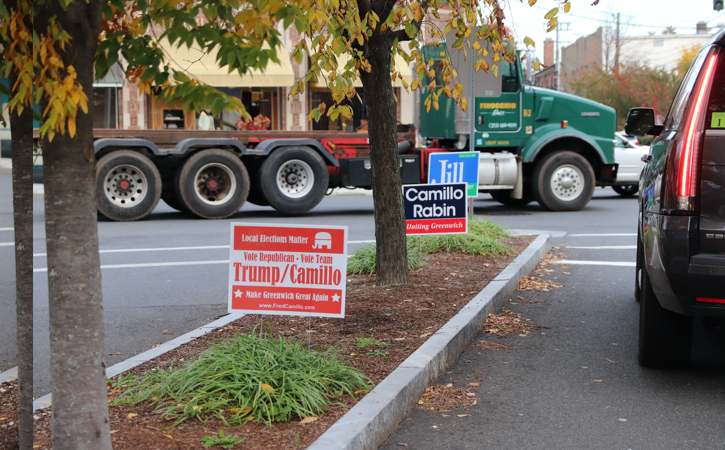 Trump/Camillo signs in Greenwich on Mason Street. October 25, 2019 Photo: Leslie Yager