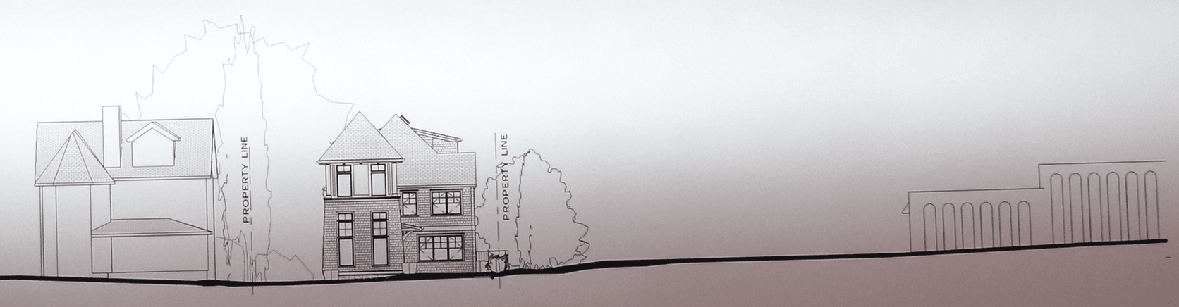 Sketch of view of proposed 10 Lexington Ave building with residential house to east (left) and First County Bank and its parking lot to west (right). 