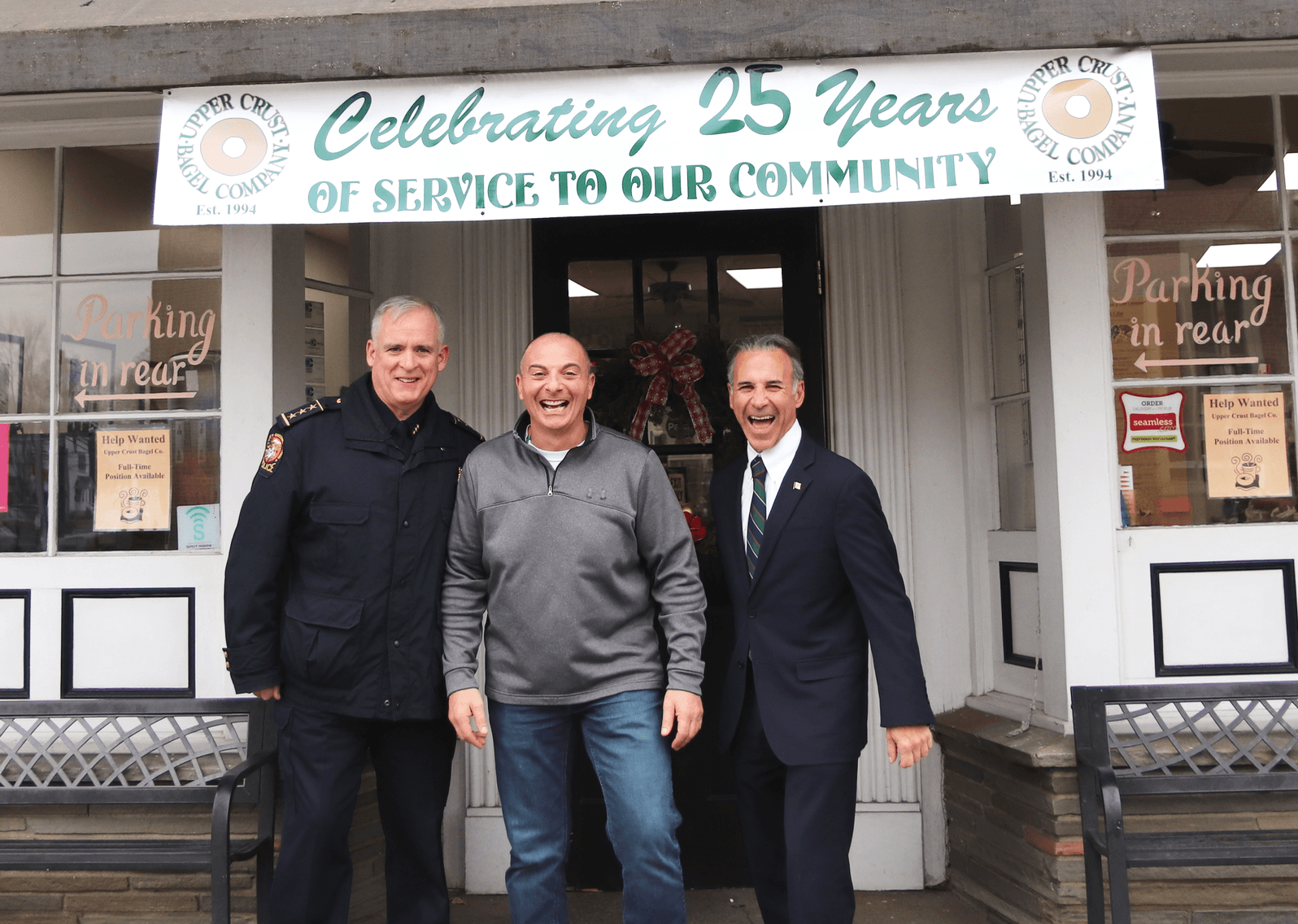 Chief Heavey, Rob Guerrieri and First Selectman Fred Camillo. Dec 4, 2019 Photo: Leslie Yager