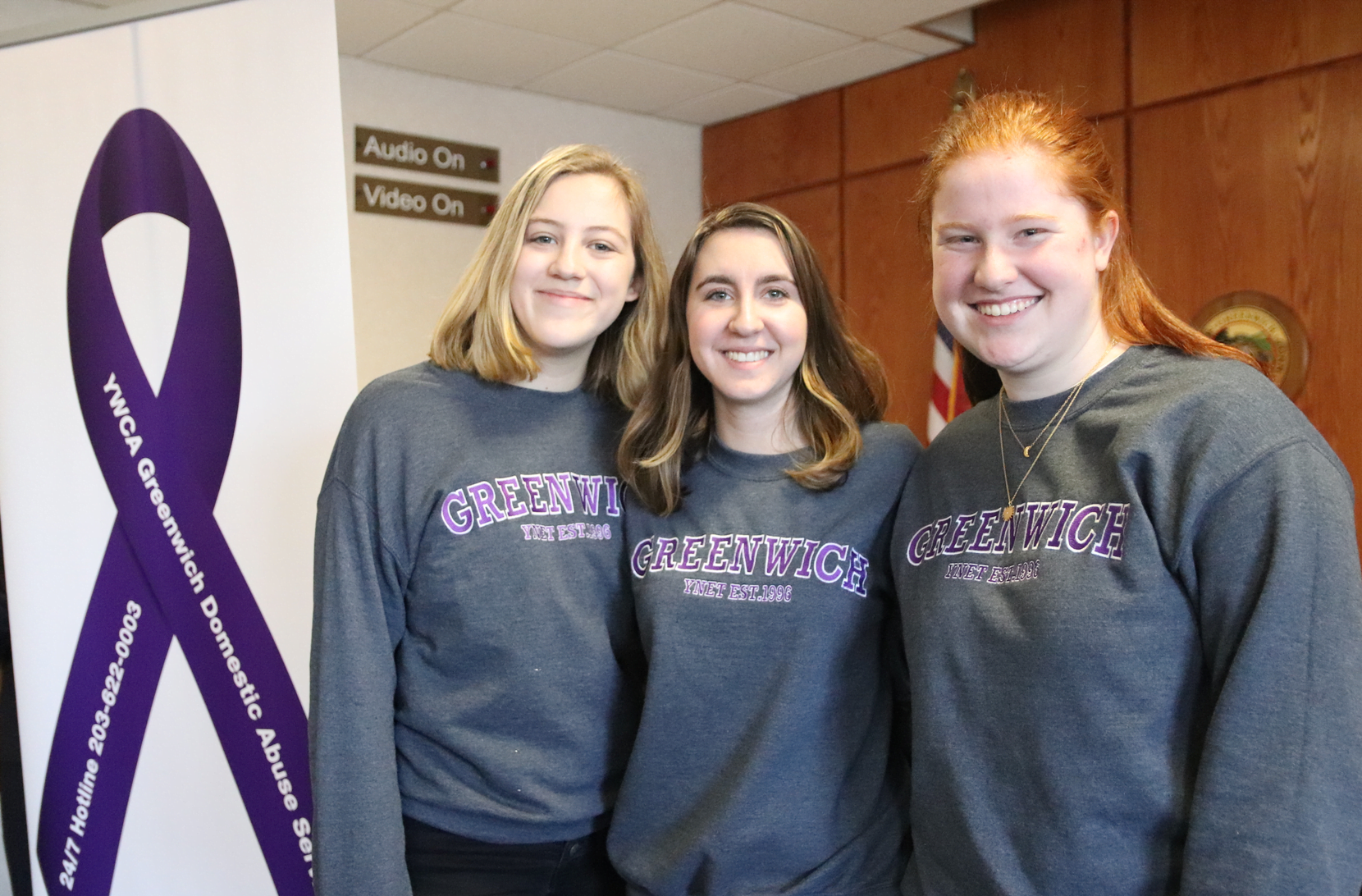 At Town Hall on Monday: Jennie Olmsted, Elizabeth Casolo and Anna DeMakes, who are leaders of YNET, a club at GHS that is sponsored by YWCA Greenwich. Feb 3, 2020 Photo: Leslie Yager