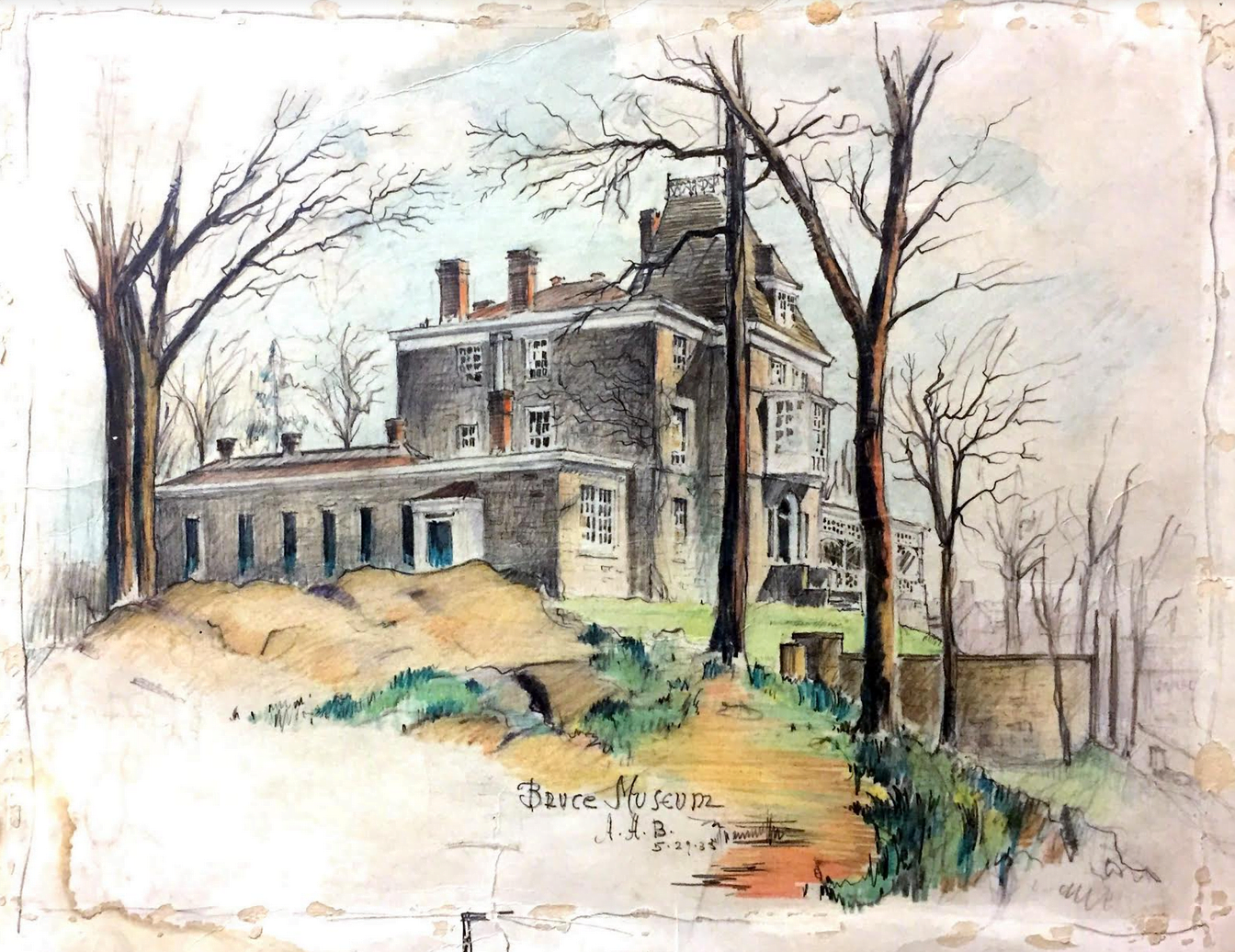 Colored pencil drawing of the Bruce Museum by architect Albert A. Blodgett, 1935. Bruce Museum Collection.