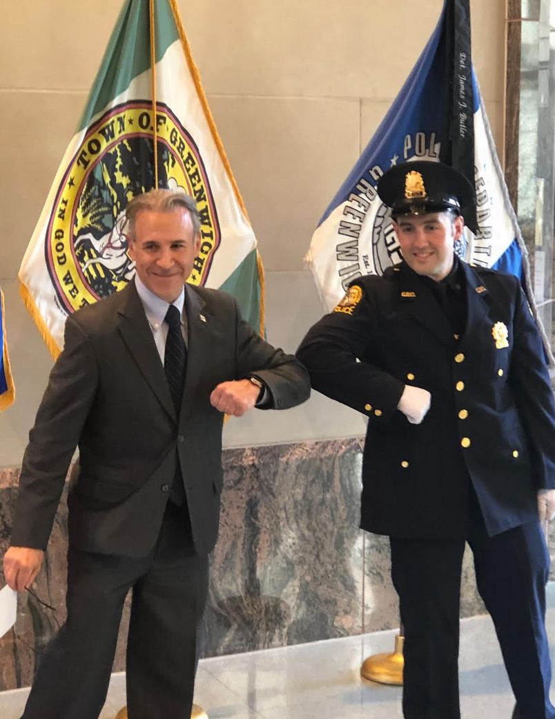 First Selectman Fred Camillo and newly promoted Sergeant Peter Schmitt. March 26, 2020 Photo courtesy Fred Camilloa