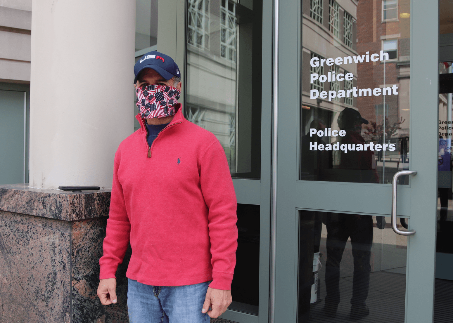 Greenwich First Selectman Fred Camillo outside Greenwich Police Dept headquarters. April 14, 2020 Photo: Leslie Yager