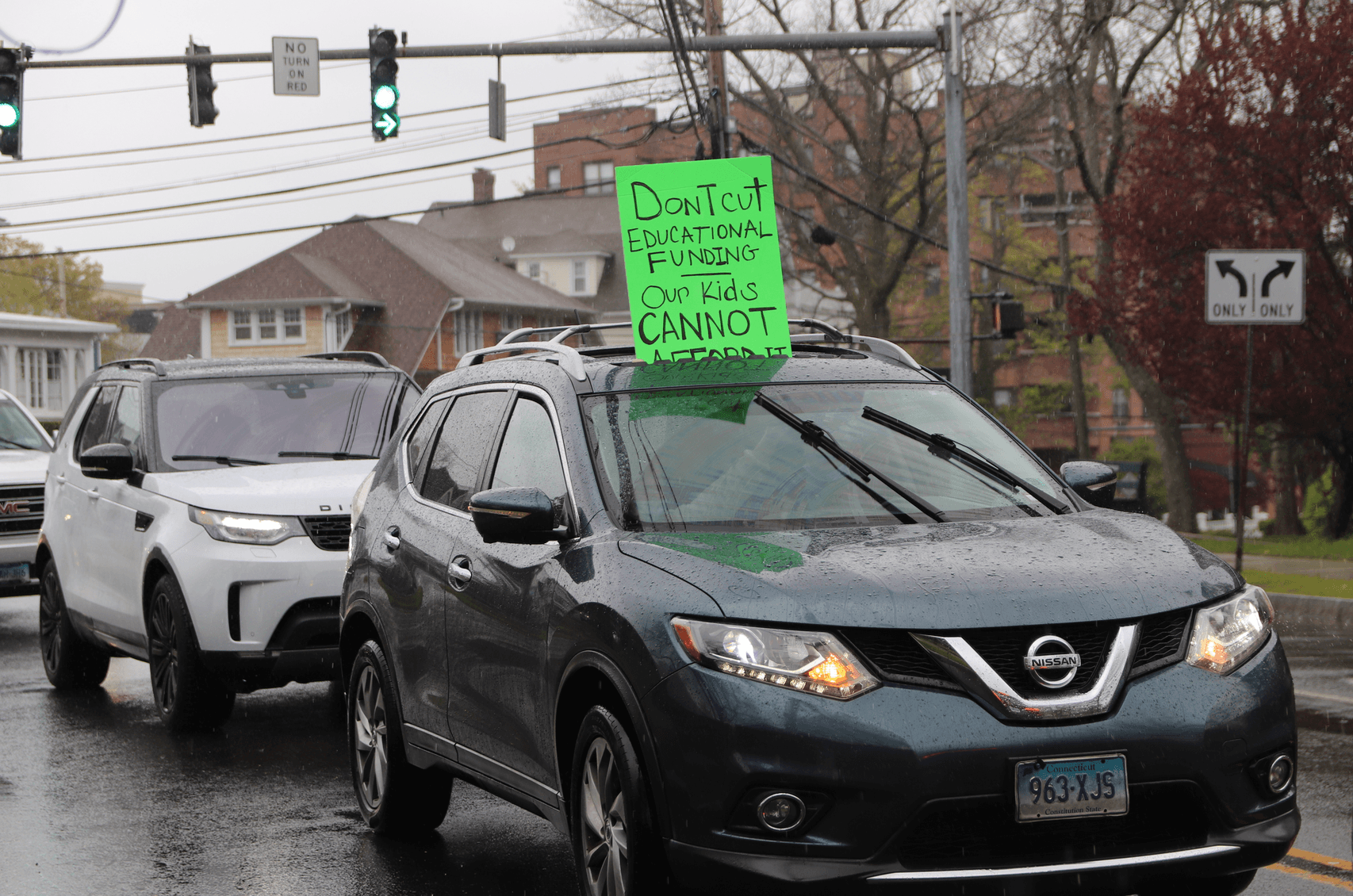Outside Greenwich town Hall, a drive-by protest against possible BET schools budget cuts. April 26, 2020 Photo: Leslie Yager