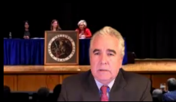 Moderator Tom Byrne presided over the full RTM meeting on Monday, April 21, 2020. (screenshot from Zoom).