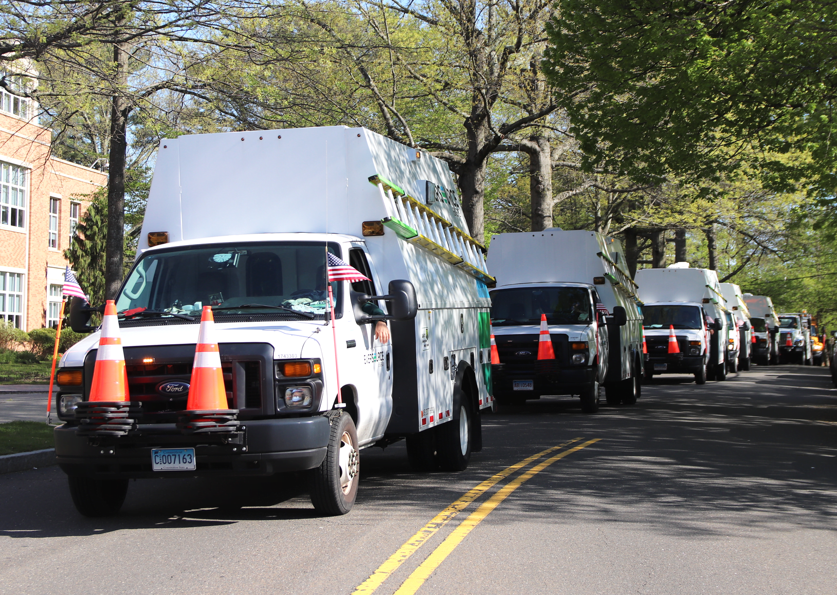 The International Brotherhood of Electrical Workers Local 420 organized 30 trucks to drive by Greenwich Hospital in a show support for frontline health care workers Monday morning. May 4, 2020 Photo: Leslie Yager